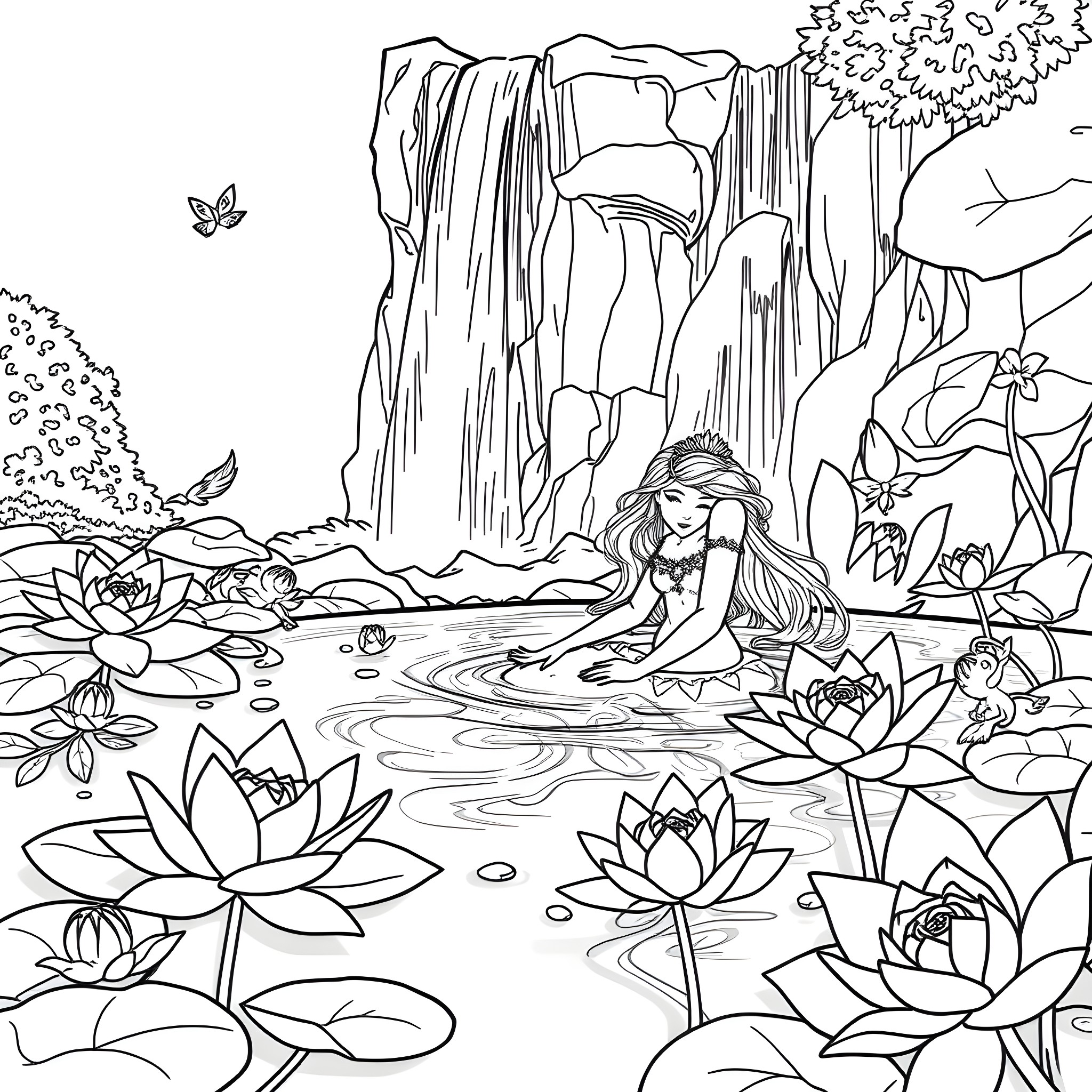 Princess in a Peaceful Waterfall Oasis Coloring Page (free black-and-white line drawing printable PDF for all, from beginners to advanced learners, including children, teens, adults, and seniors)