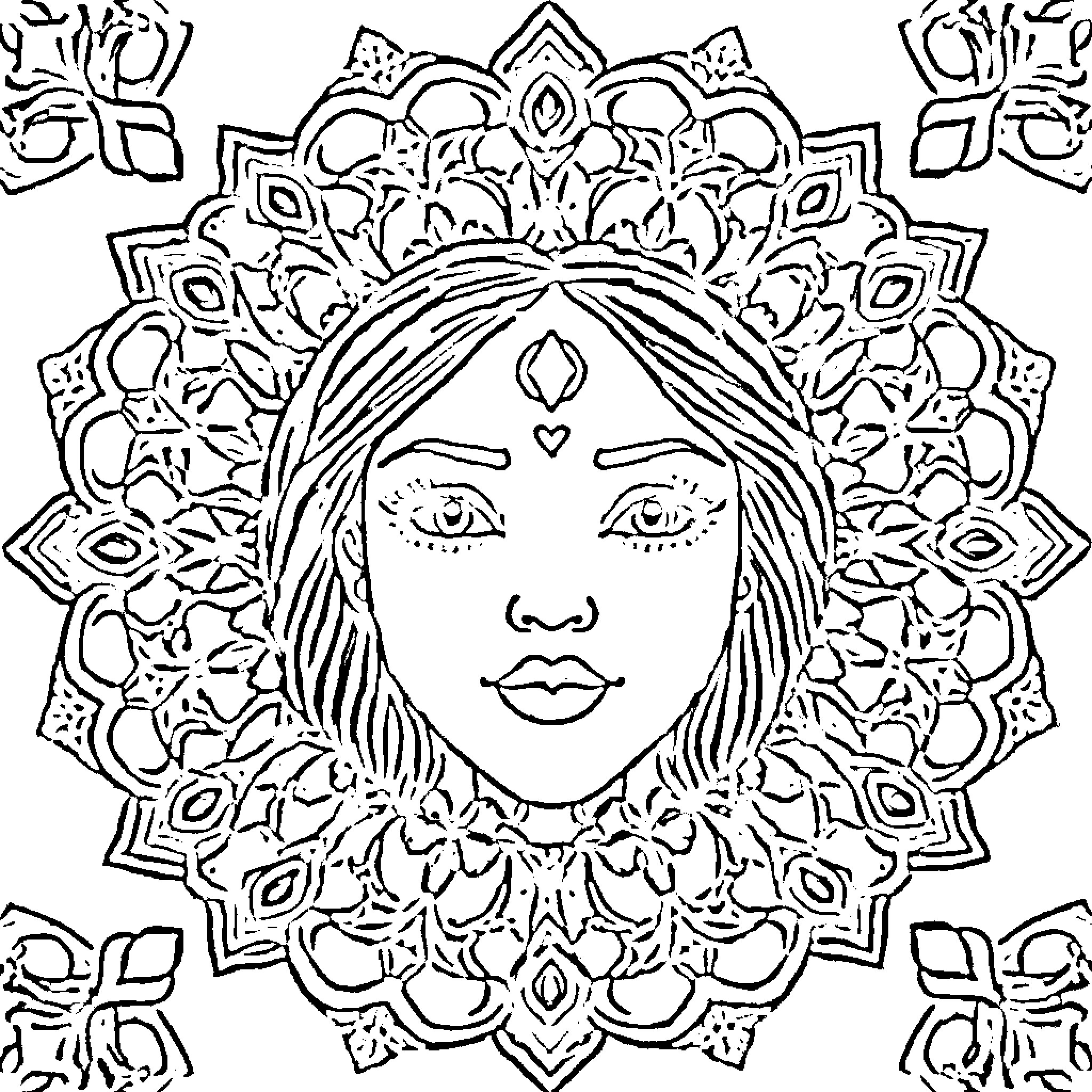 Face with Intricate Floral Mandala Design Coloring Page (free black-and-white line drawing printable PDF for all, from beginners to advanced learners, including children, teens, adults, and seniors)