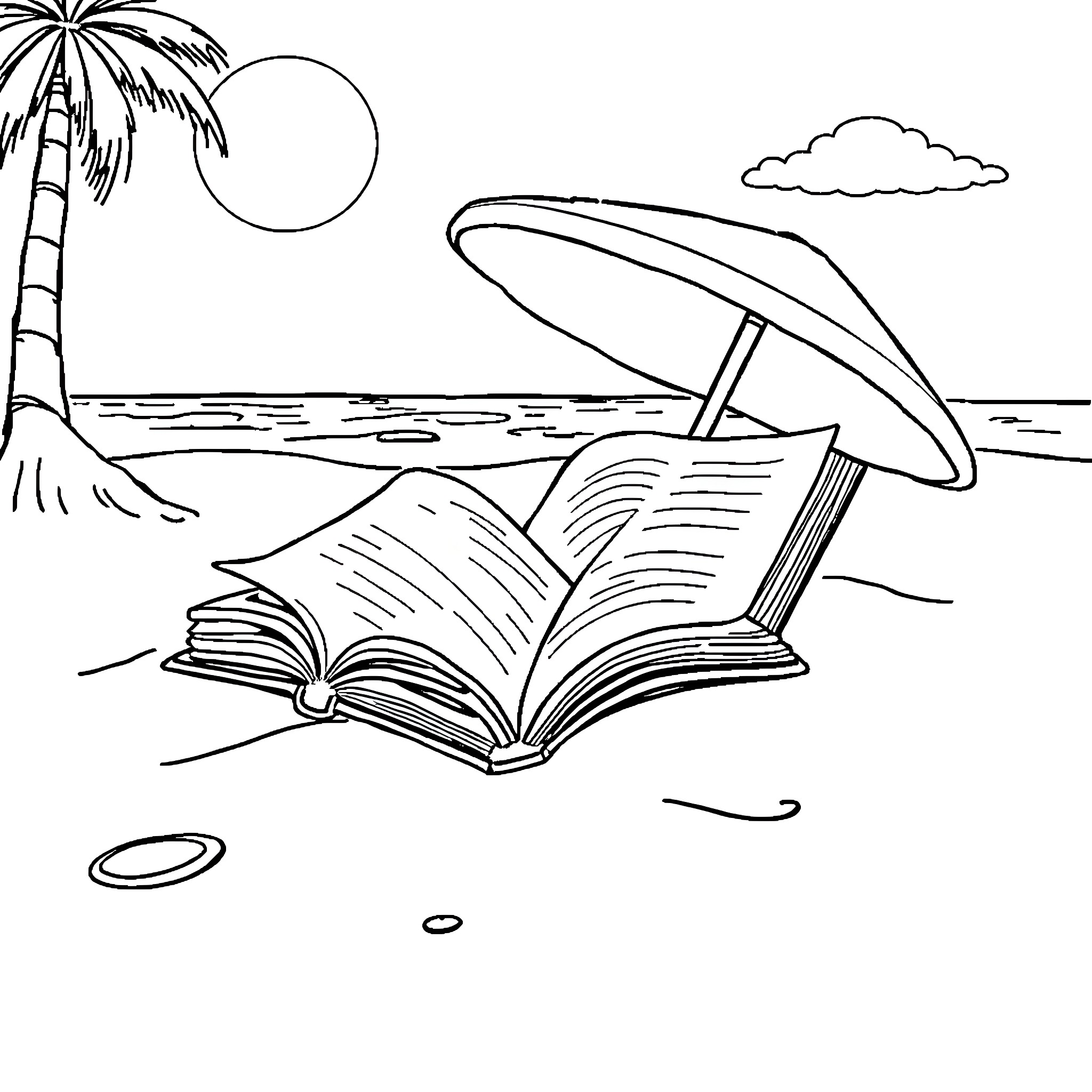 Reading on the Beach under the Umbrella Coloring Page (free black-and-white line drawing printable PDF for all, from beginners to advanced learners, including children, teens, adults, and seniors)