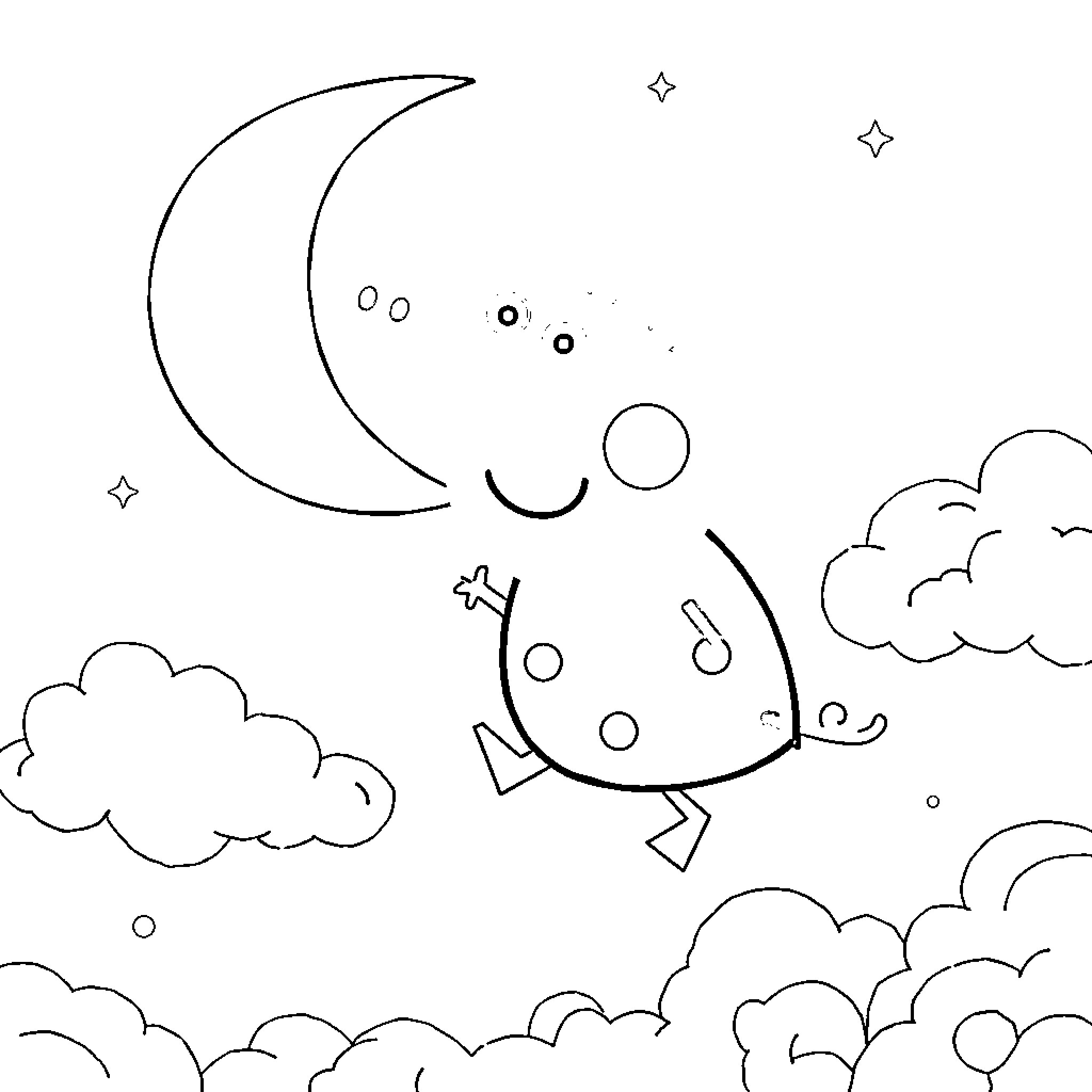 Peppa Pig playing in the starry night sky Coloring Page (free black-and-white line drawing printable PDF for all, from beginners to advanced learners, including children, teens, adults, and seniors)