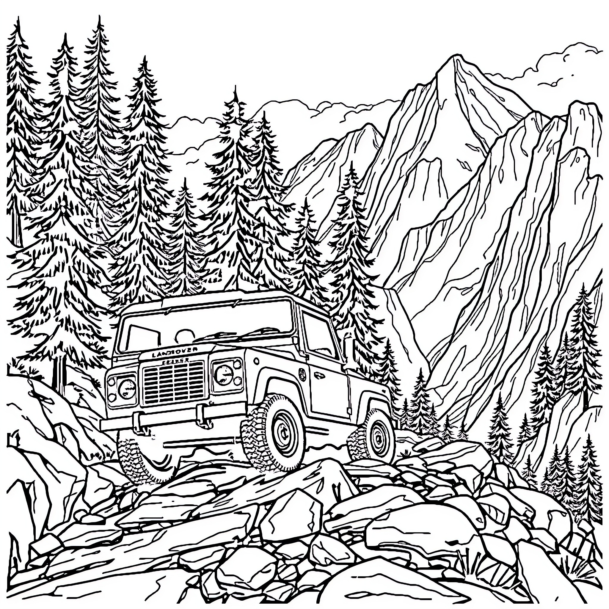 Landrover navigating rugged mountain terrain Coloring Page (free black-and-white line drawing printable PDF for all, from beginners to advanced learners, including children, teens, adults, and seniors)