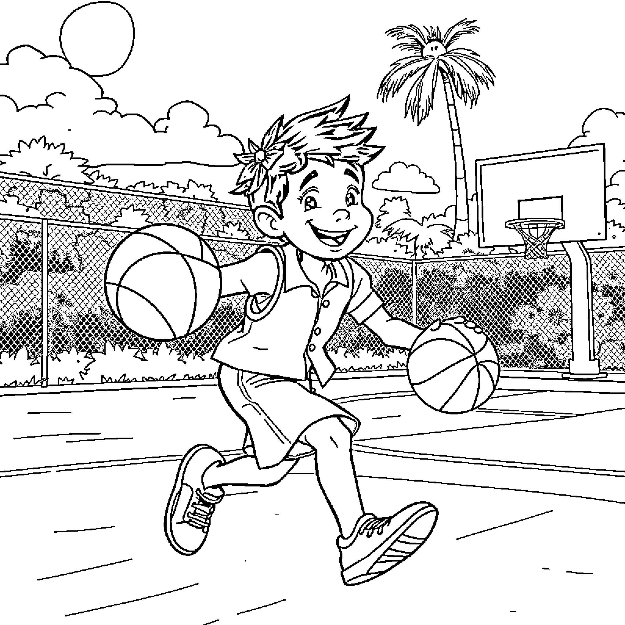 Huckleberry Finn enjoys basketball on the court Coloring Page (free black-and-white line drawing printable PDF for all, from beginners to advanced learners, including children, teens, adults, and seniors)