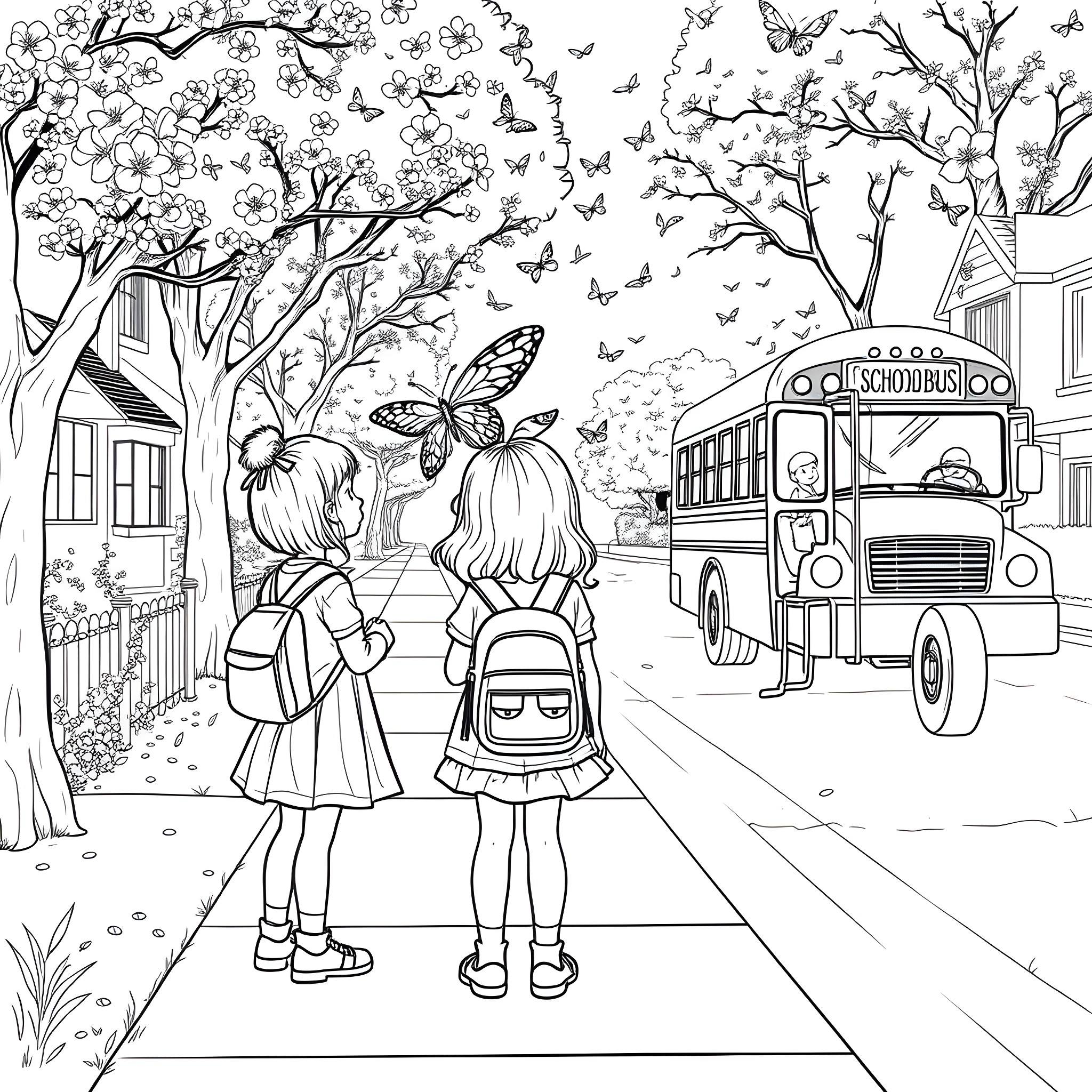 Girls walking to school on a spring day Coloring Page (free black-and-white line drawing printable PDF for all, from beginners to advanced learners, including children, teens, adults, and seniors)