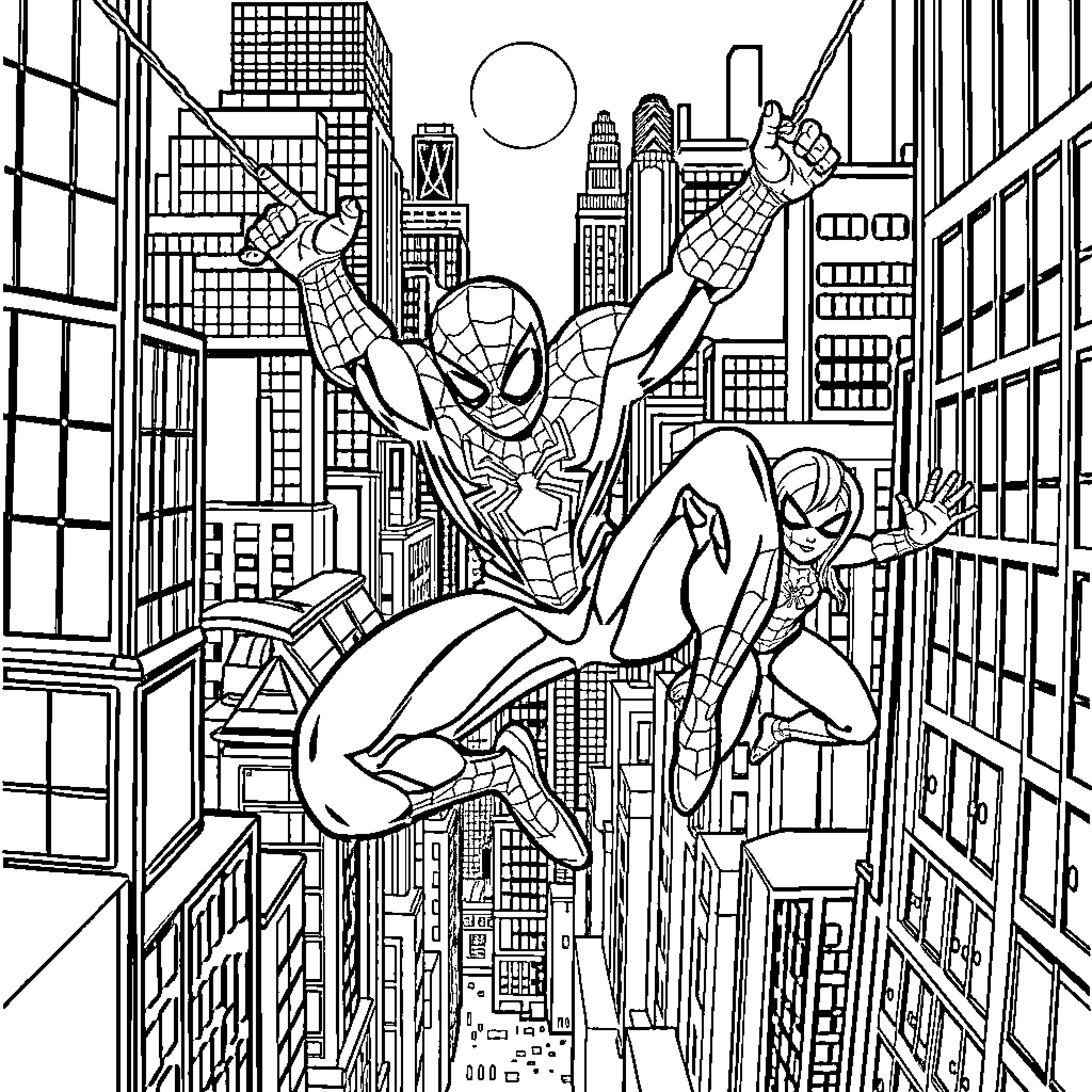 Spider-themed superheroes soar through the city skyline Coloring Page (free black-and-white line drawing printable PDF for all, from beginners to advanced learners, including children, teens, adults, and seniors)