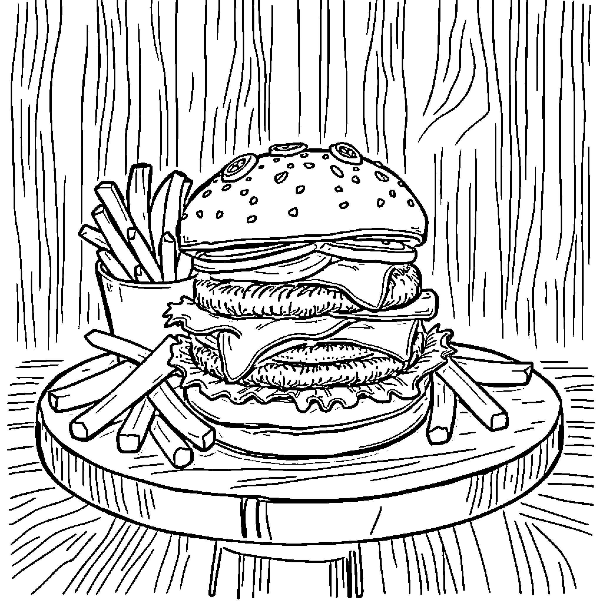 Hamburger with fries on wooden table Coloring Page (free black-and-white line drawing printable PDF for all, from beginners to advanced learners, including children, teens, adults, and seniors)