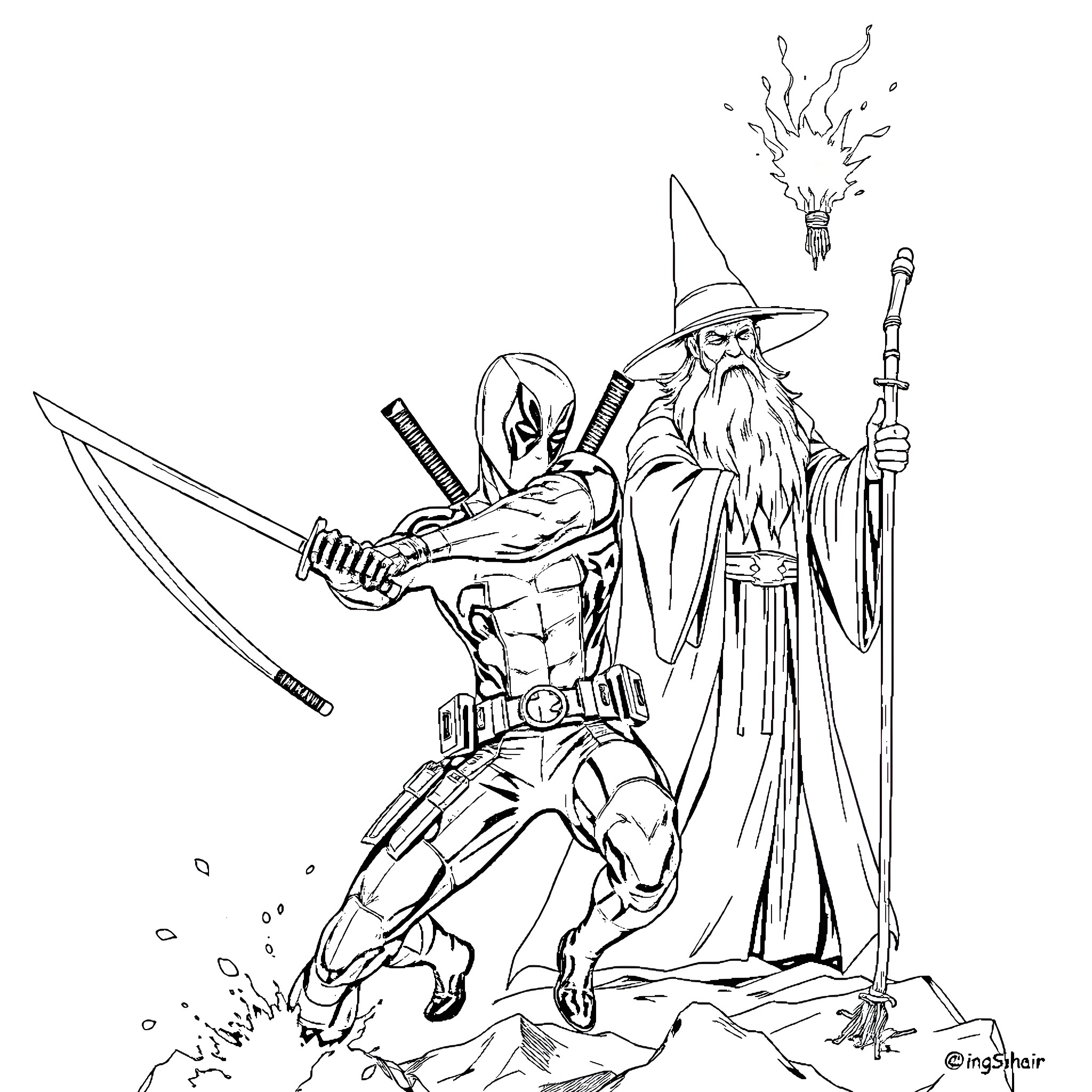 Deadpool battles a wizard-like warrior in an epic scene Coloring Page (free black-and-white line drawing printable PDF for all, from beginners to advanced learners, including children, teens, adults, and seniors)
