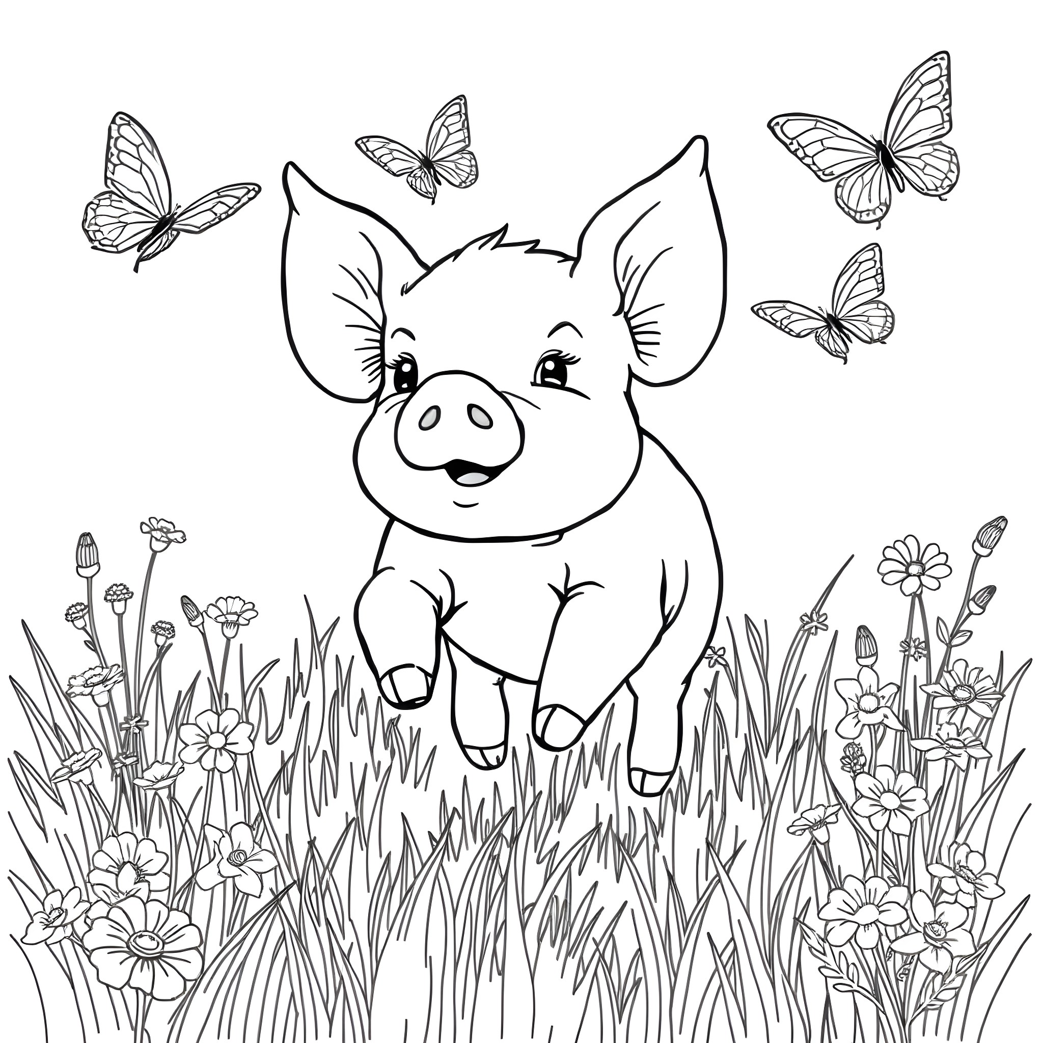 Pig playing joyfully with butterflies in the meadow Coloring Page (free black-and-white line drawing printable PDF for all, from beginners to advanced learners, including children, teens, adults, and seniors)