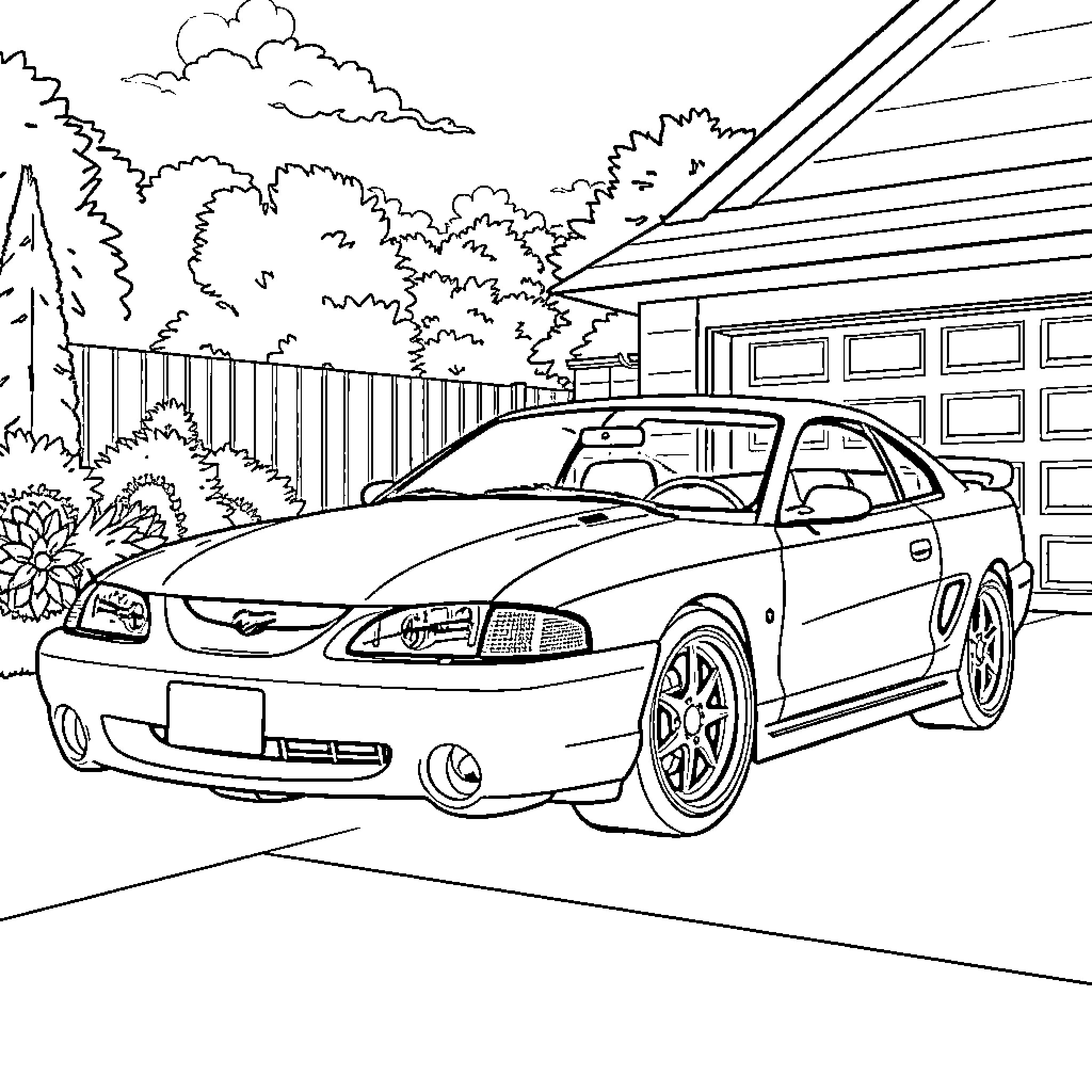 Mustang Muscle Car in Suburban Neighborhood Coloring Page (free black-and-white line drawing printable PDF for all, from beginners to advanced learners, including children, teens, adults, and seniors)