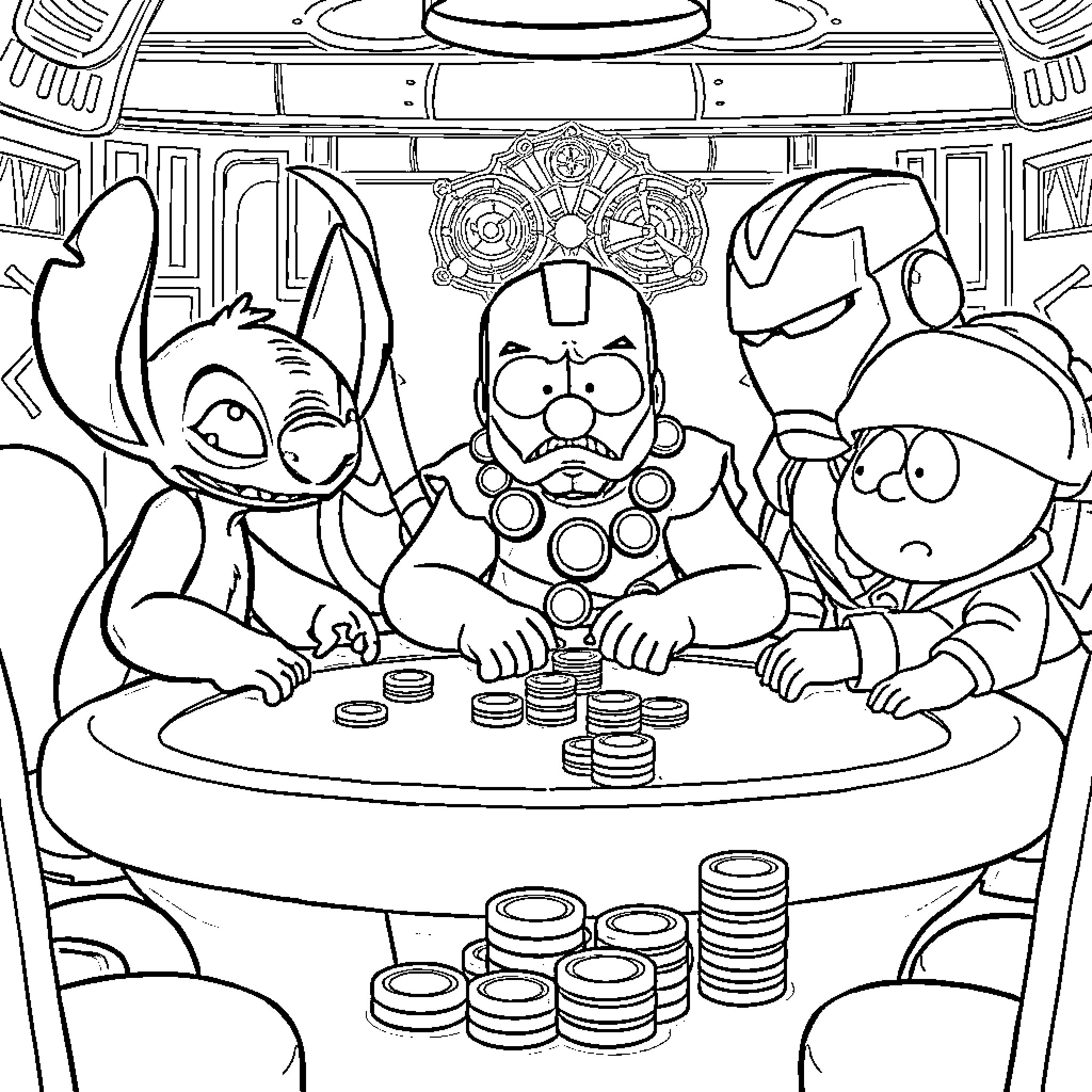 Characters playing a game with coins at the table Coloring Page (free black-and-white line drawing printable PDF for all, from beginners to advanced learners, including children, teens, adults, and seniors)