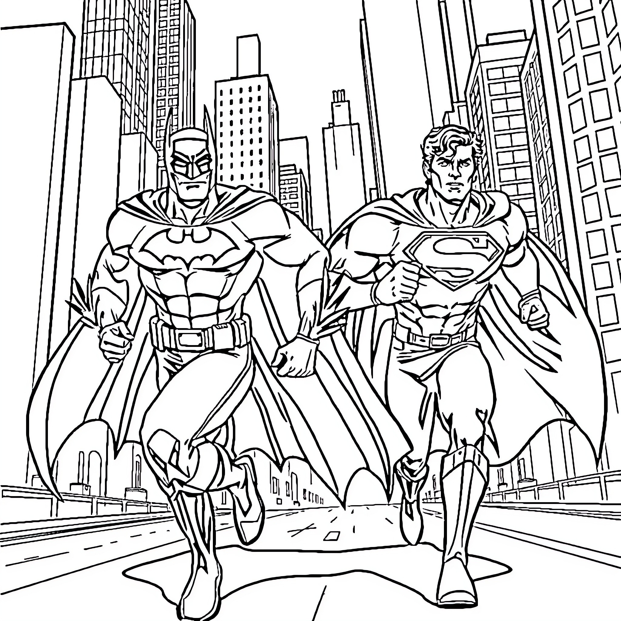 Batman and Superman heroic stance in the city Coloring Page (free black-and-white line drawing printable PDF for all, from beginners to advanced learners, including children, teens, adults, and seniors)