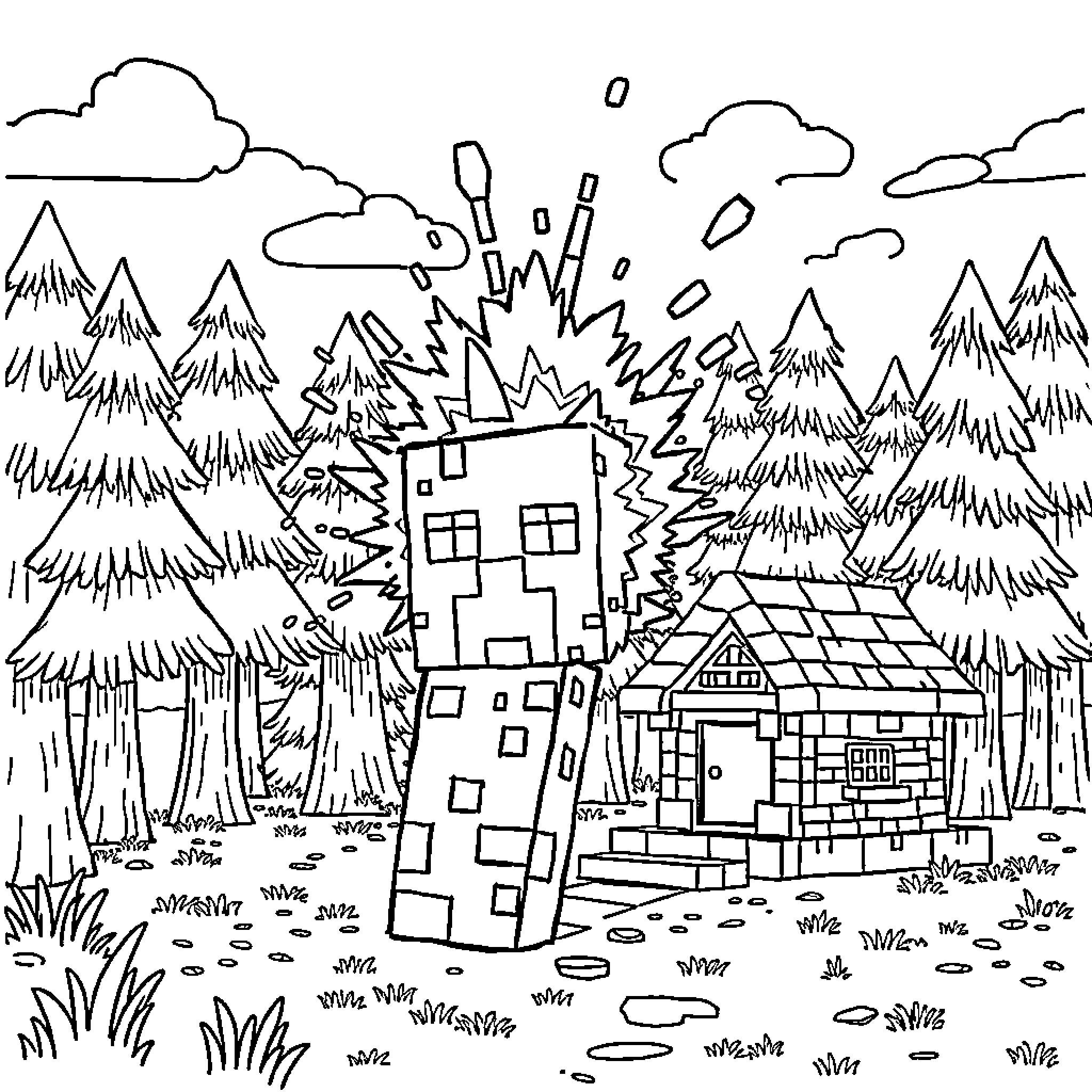 Creeper Encounter in the Wilderness Coloring Page (free black-and-white line drawing printable PDF for all, from beginners to advanced learners, including children, teens, adults, and seniors)