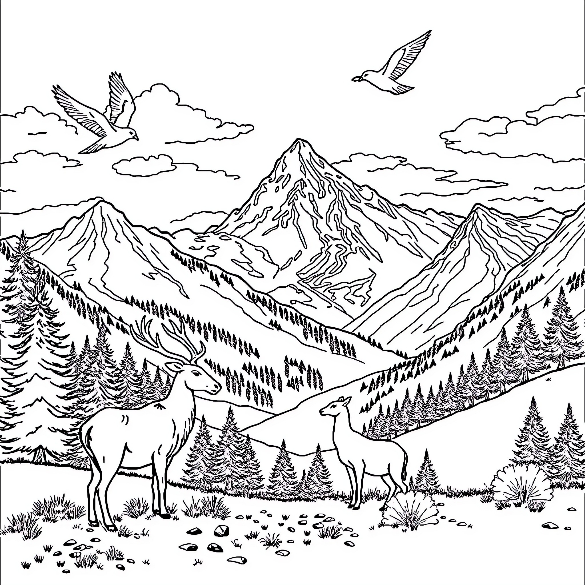 Animal Scenes in the Mountains and Forest Coloring Page (free black-and-white line drawing printable PDF for all, from beginners to advanced learners, including children, teens, adults, and seniors)