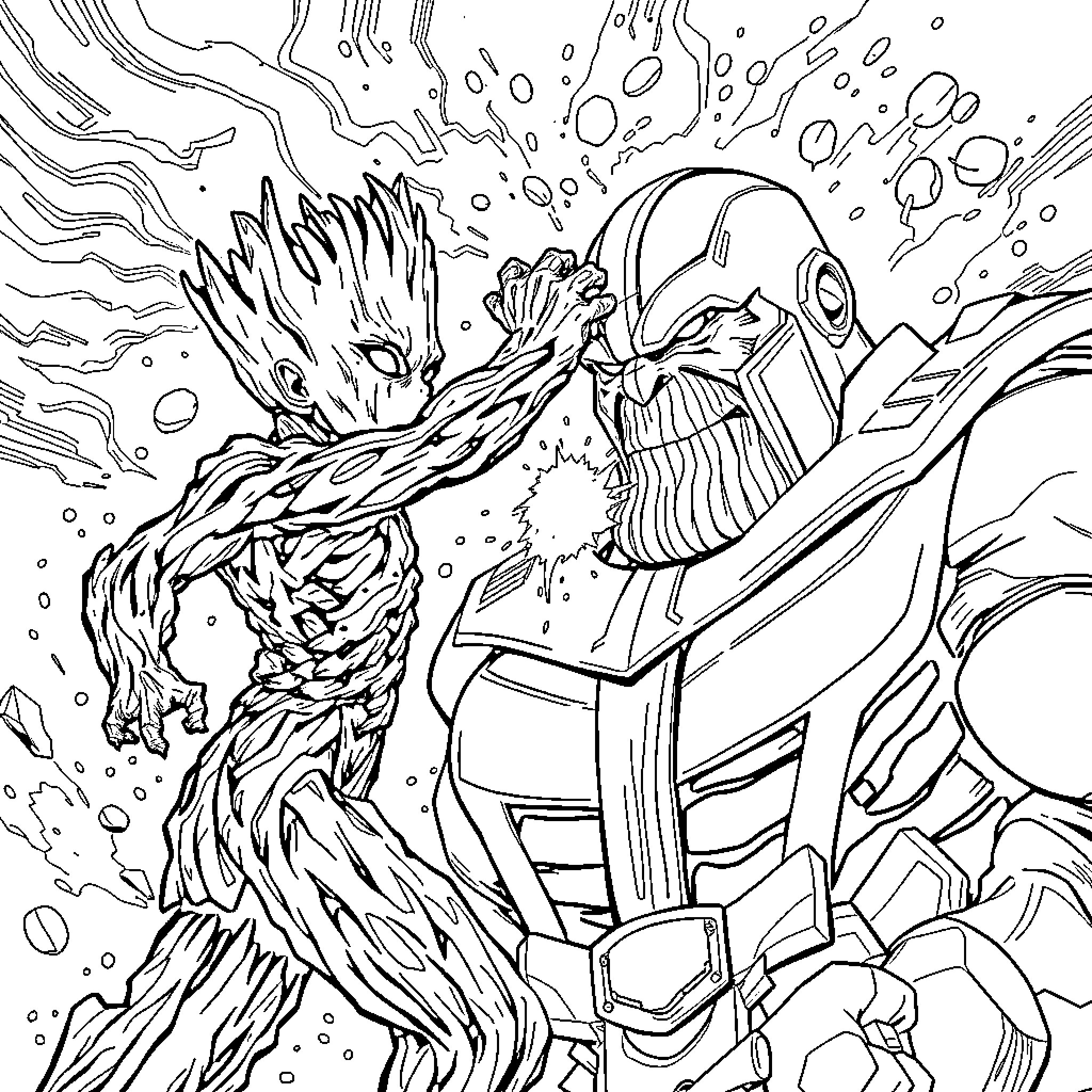 Groot battling a powerful foe in an intense scene Coloring Page (free black-and-white line drawing printable PDF for all, from beginners to advanced learners, including children, teens, adults, and seniors)