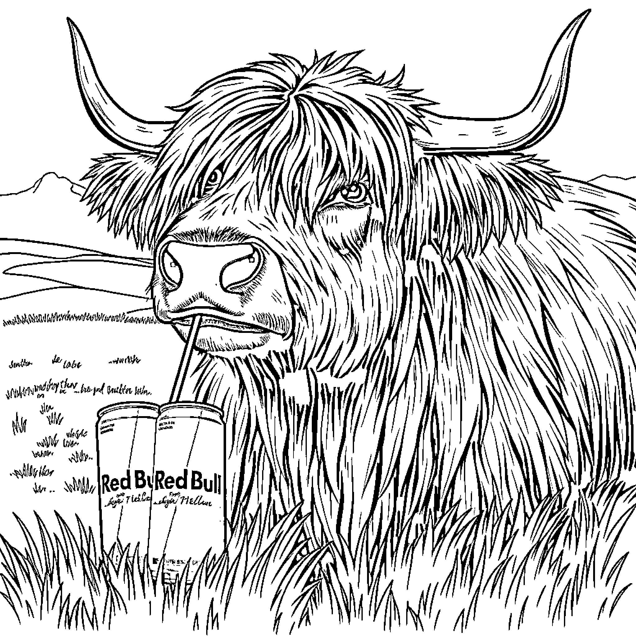 Highland Cow drinking from Red Bull can in nature Coloring Page (free black-and-white line drawing printable PDF for all, from beginners to advanced learners, including children, teens, adults, and seniors)
