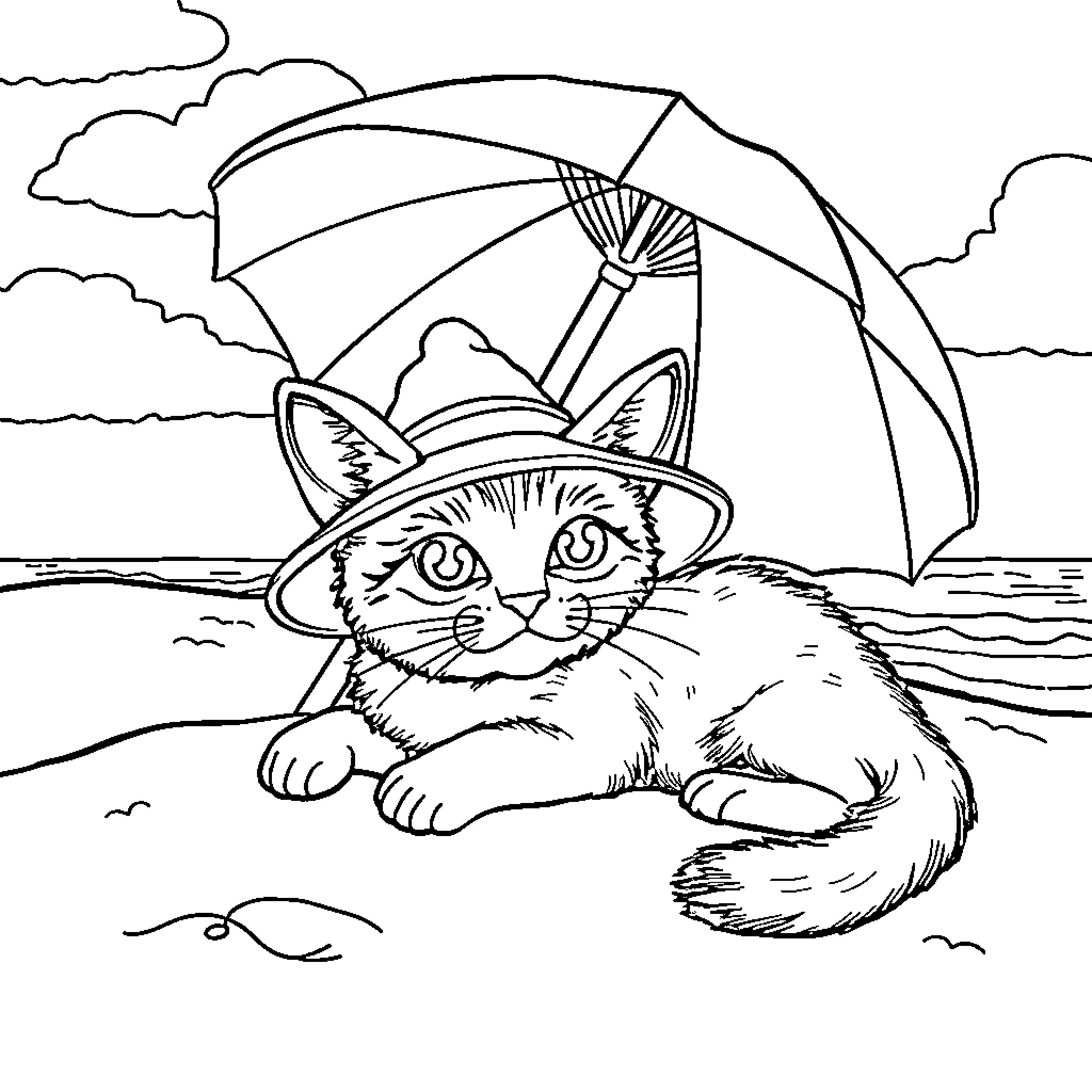 Cat relaxing at the beach under an umbrella Coloring Page (free black-and-white line drawing printable PDF for all, from beginners to advanced learners, including children, teens, adults, and seniors)