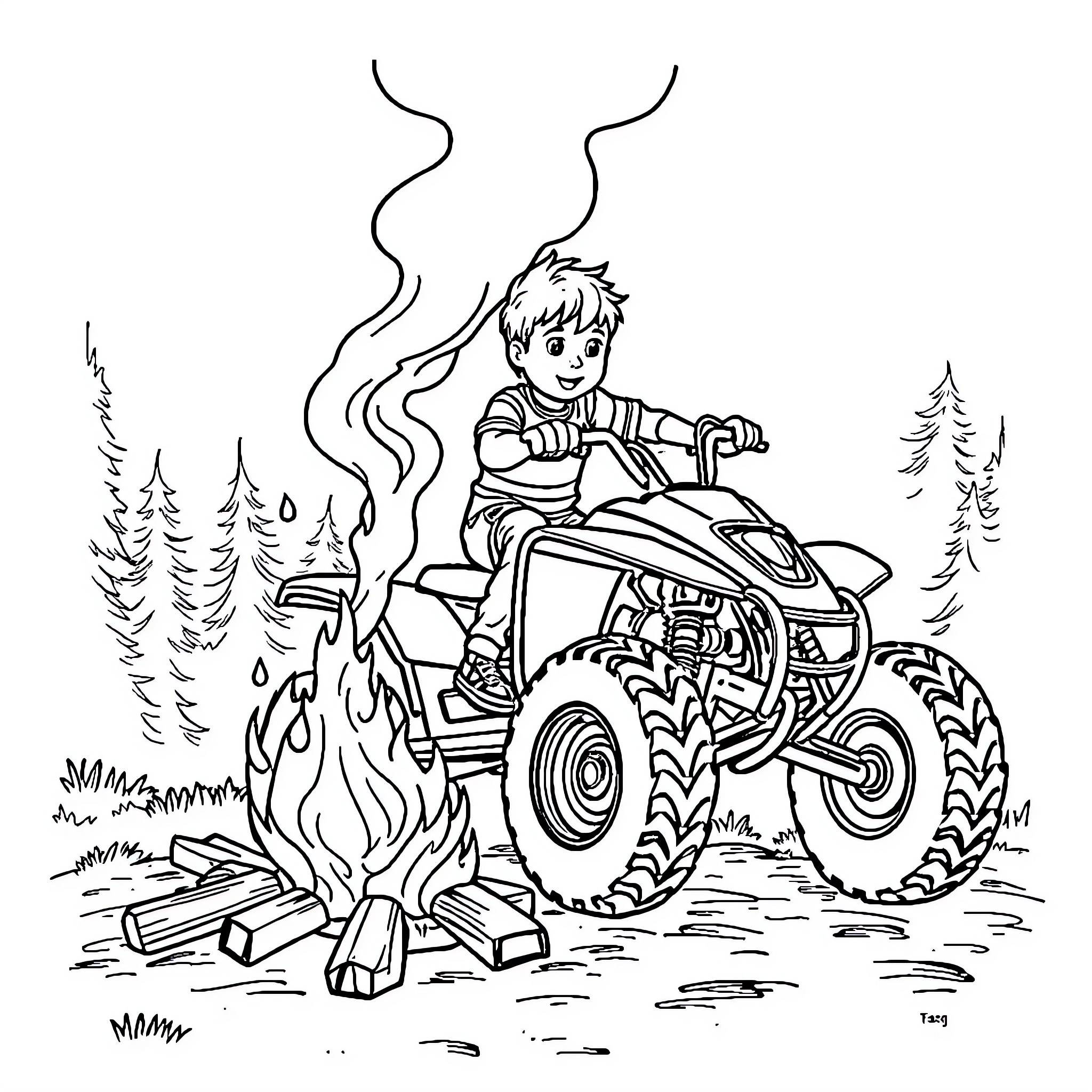 Boy riding ATV through wilderness with campfire Coloring Page (free black-and-white line drawing printable PDF for all, from beginners to advanced learners, including children, teens, adults, and seniors)