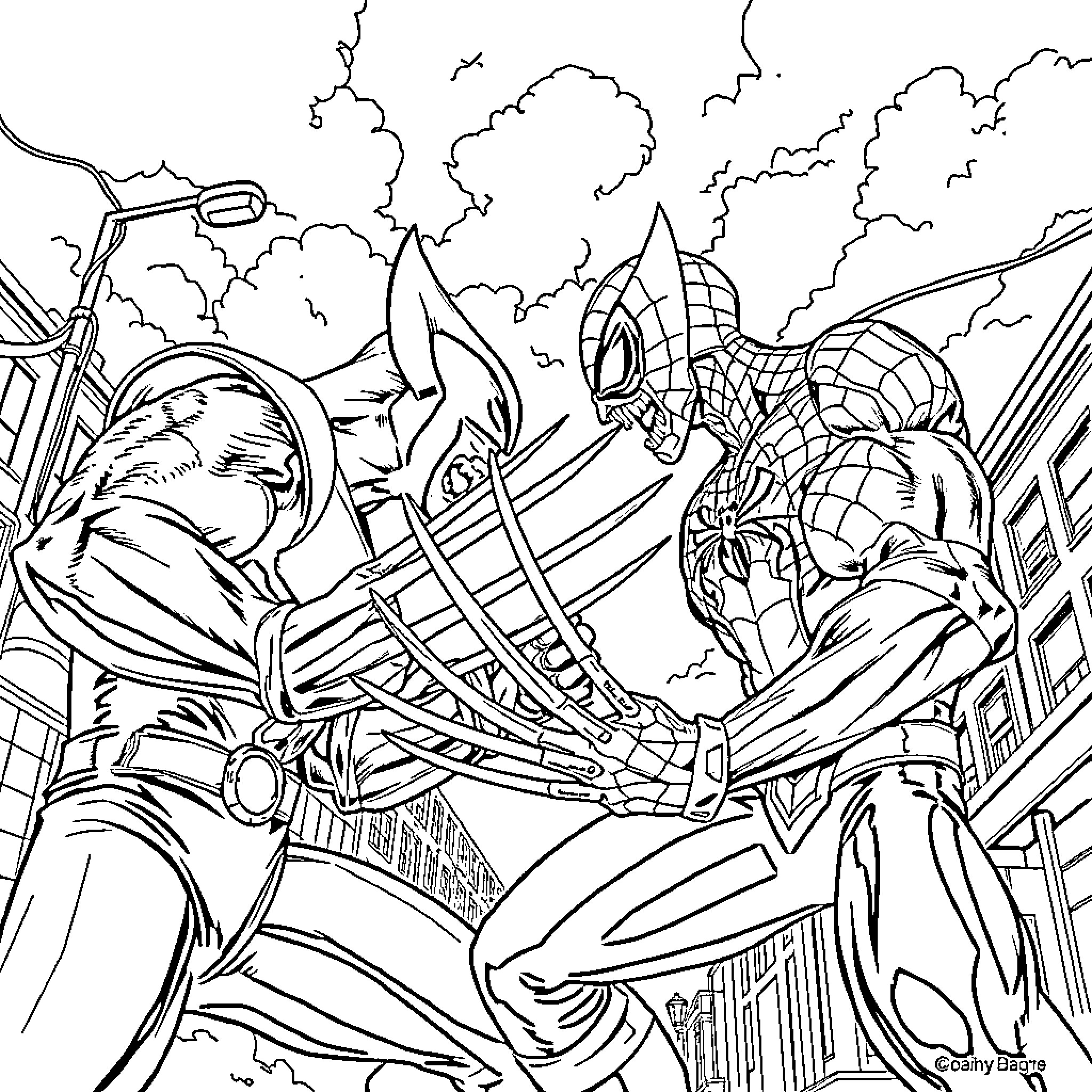 Wolverine in an action-packed battle with Spider-Man Coloring Page (free black-and-white line drawing printable PDF for all, from beginners to advanced learners, including children, teens, adults, and seniors)