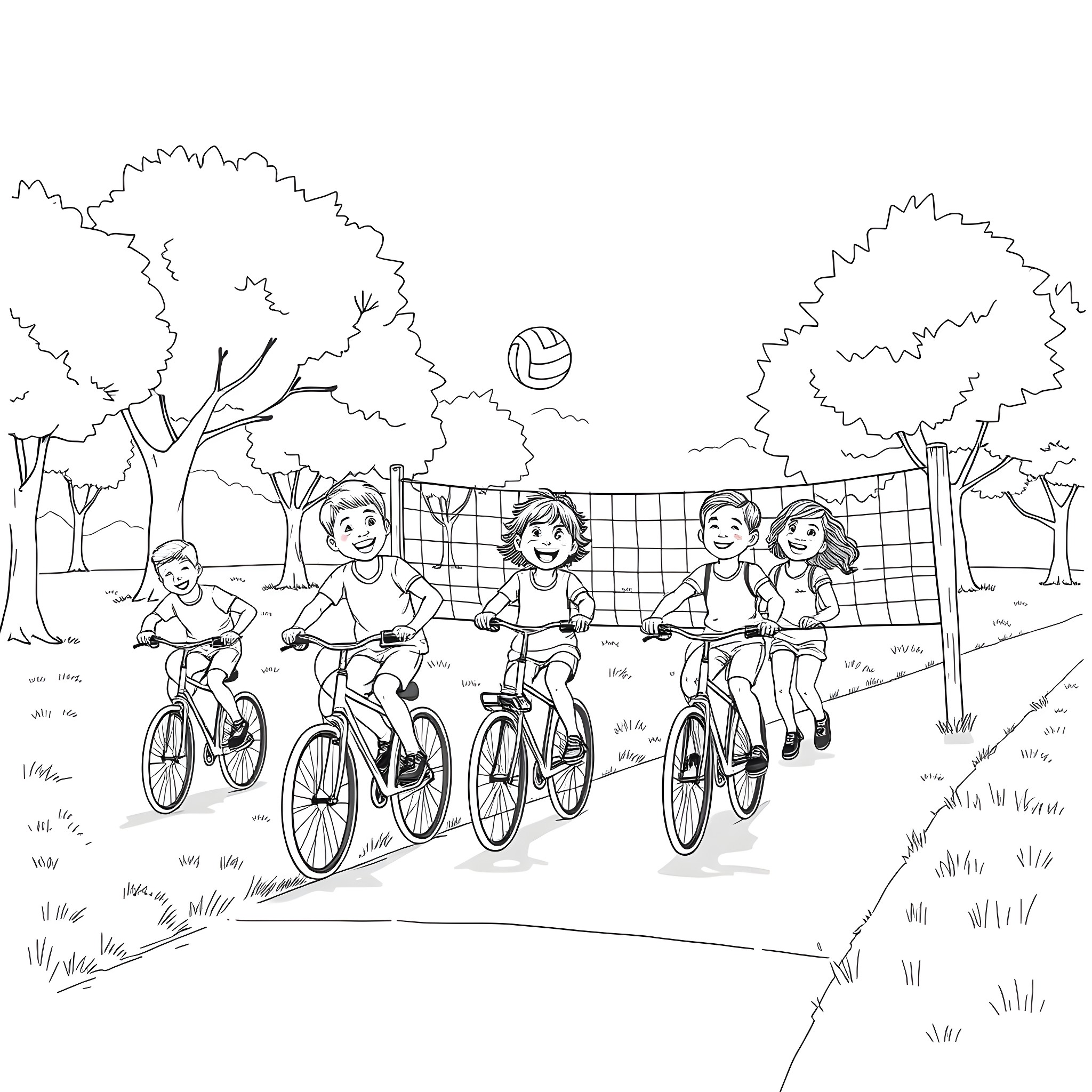 Kids biking happily together in the park Coloring Page (free black-and-white line drawing printable PDF for all, from beginners to advanced learners, including children, teens, adults, and seniors)