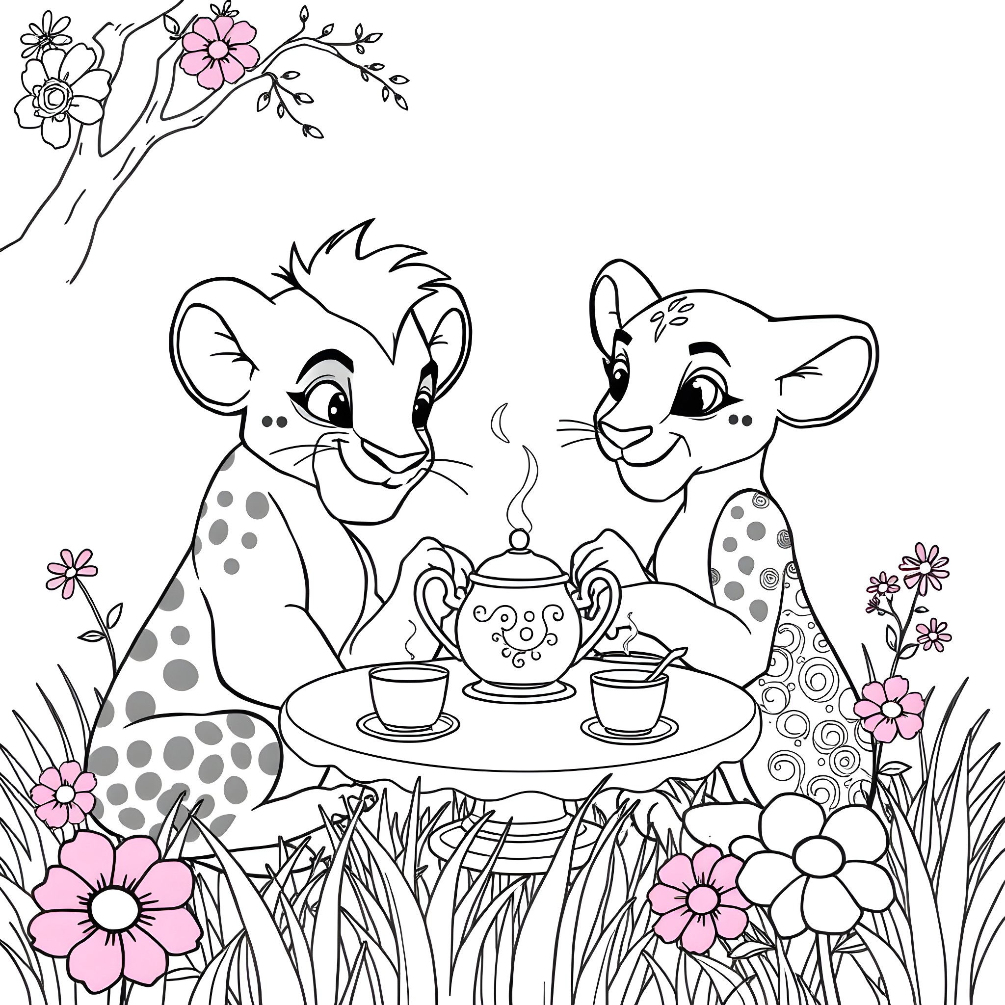 Simba and Nala enjoying tea time in the garden Coloring Page (free black-and-white line drawing printable PDF for all, from beginners to advanced learners, including children, teens, adults, and seniors)