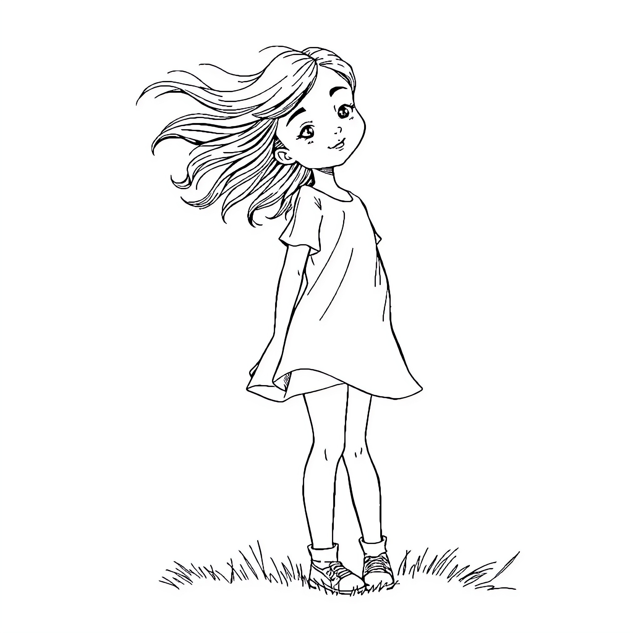 Girl with flowing hair enjoying the outdoors Coloring Page (free black-and-white line drawing printable PDF for all, from beginners to advanced learners, including children, teens, adults, and seniors)