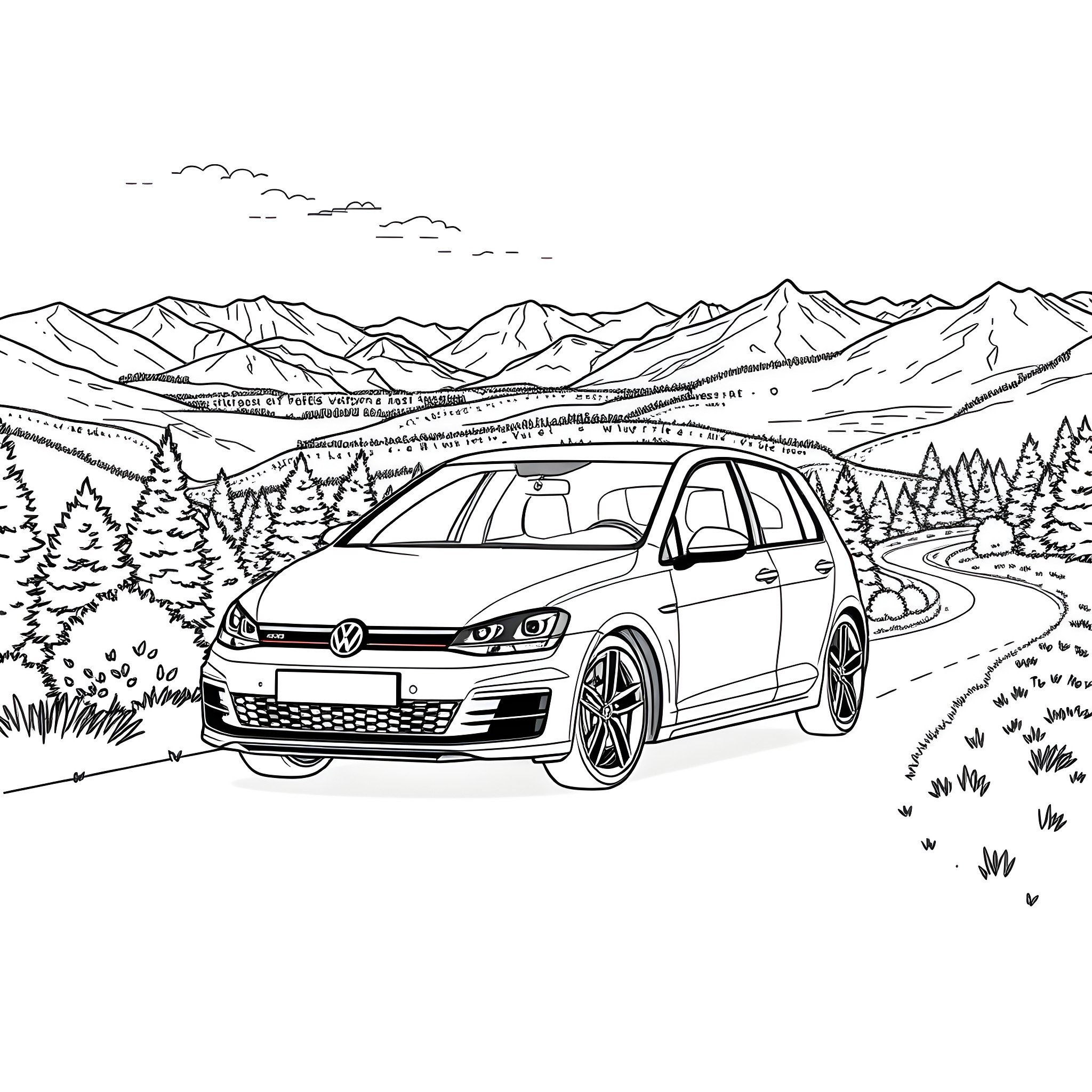 Volkswagen Golf driving through scenic mountain landscape Coloring Page (free black-and-white line drawing printable PDF for all, from beginners to advanced learners, including children, teens, adults, and seniors)