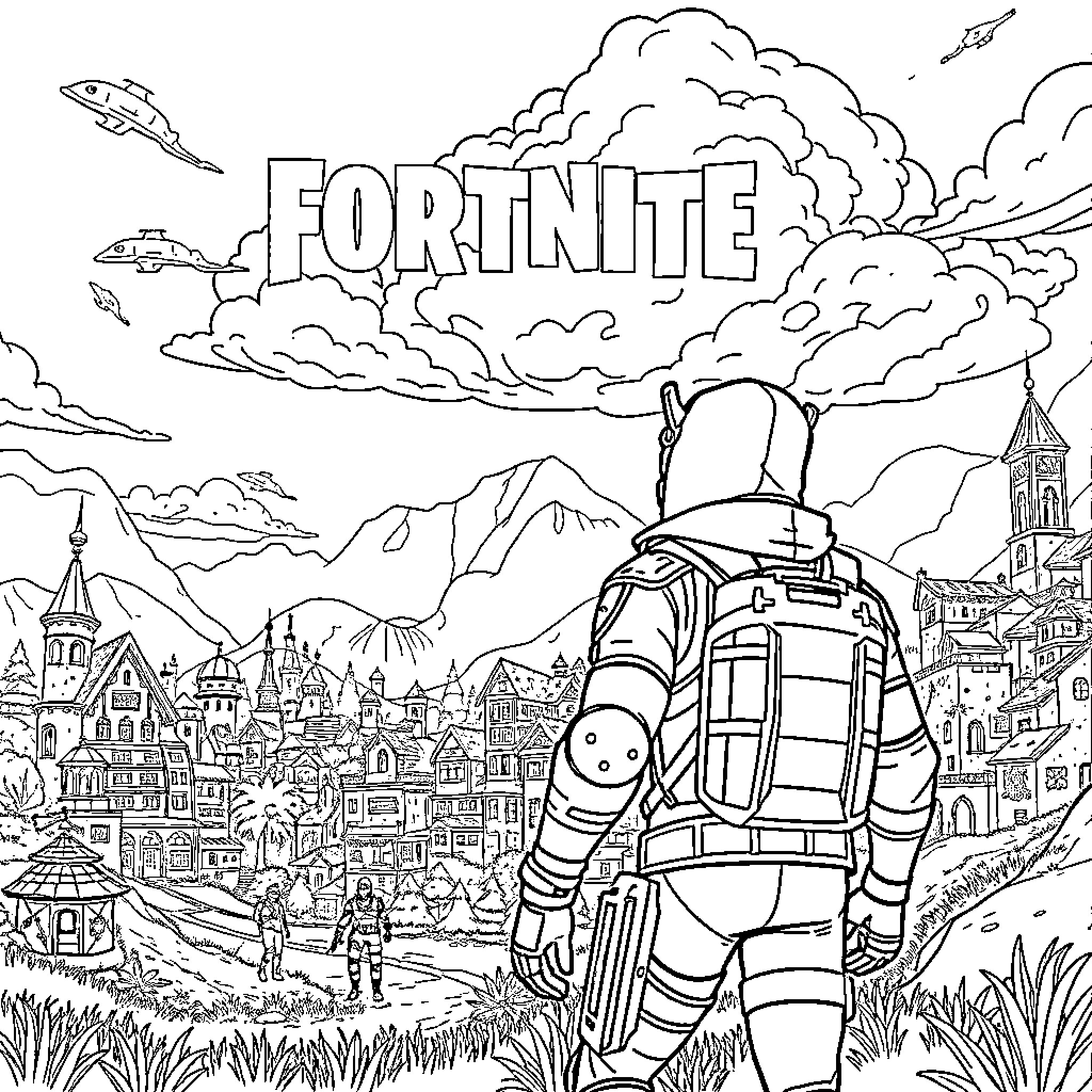 Destiny in the Fortnite world: Exploring the vast landscape Coloring Page (free black-and-white line drawing printable PDF for all, from beginners to advanced learners, including children, teens, adults, and seniors)