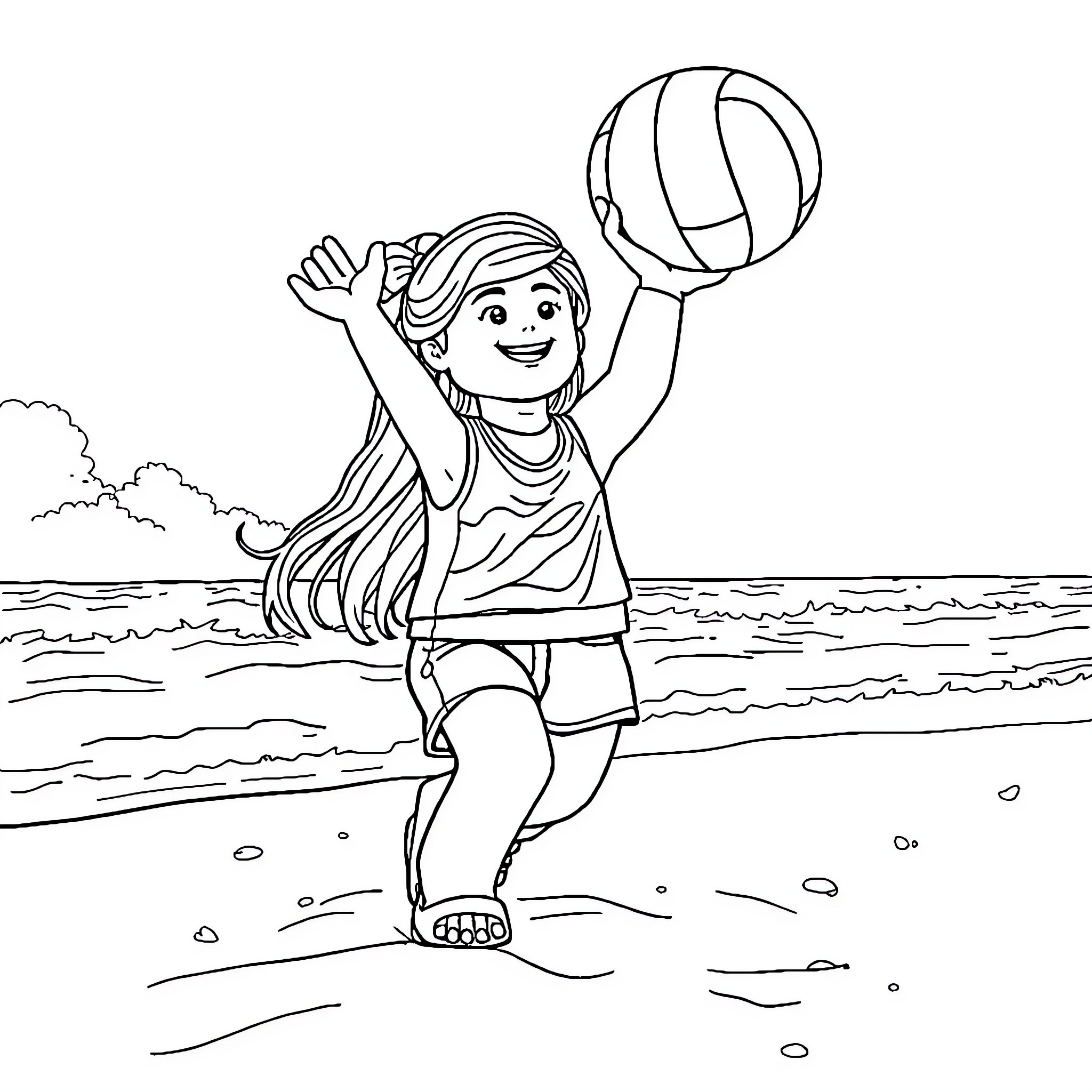 Lego Girl Playing with Volleyball at the Beach Coloring Page (free black-and-white line drawing printable PDF for all, from beginners to advanced learners, including children, teens, adults, and seniors)