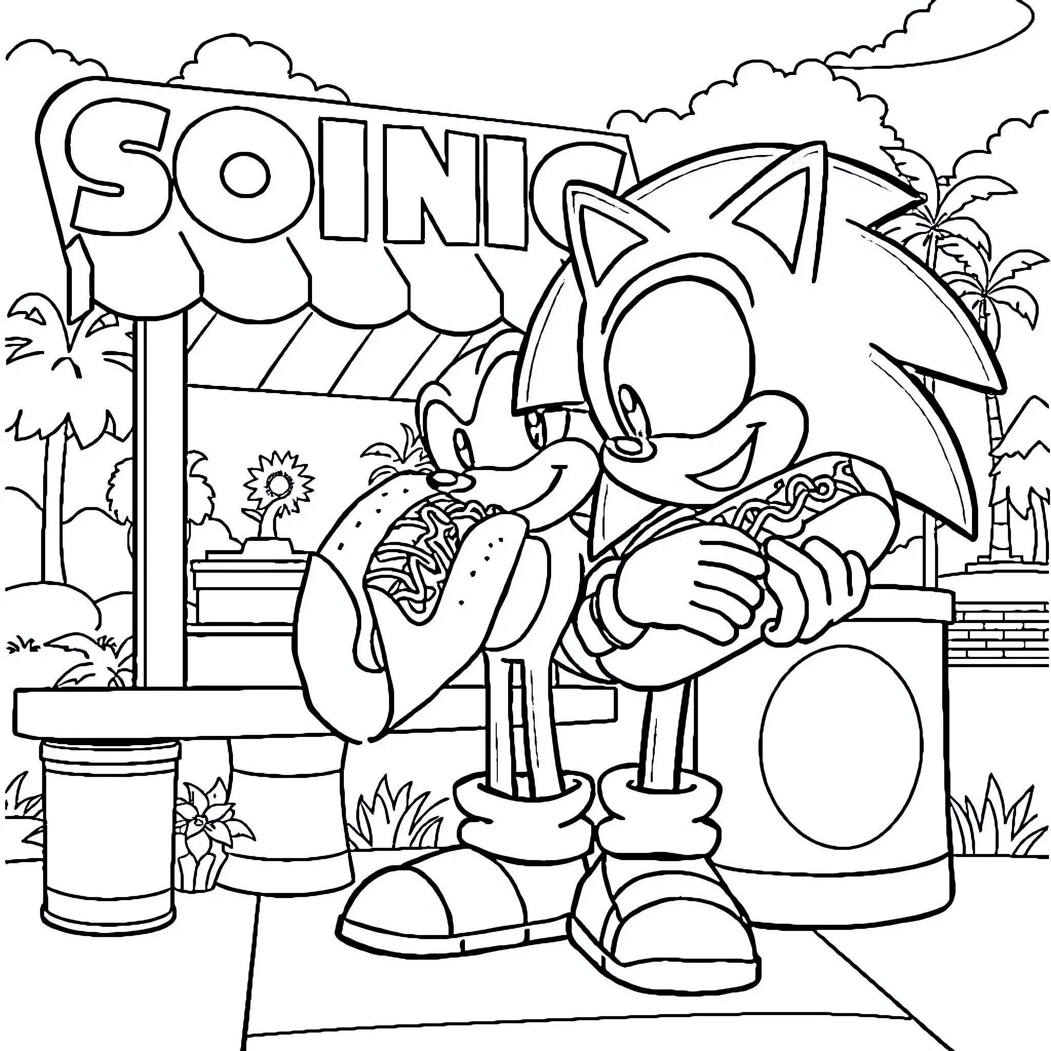 Sonic the Hedgehog in a lively outdoor scene Coloring Page (free black-and-white line drawing printable PDF for all, from beginners to advanced learners, including children, teens, adults, and seniors)