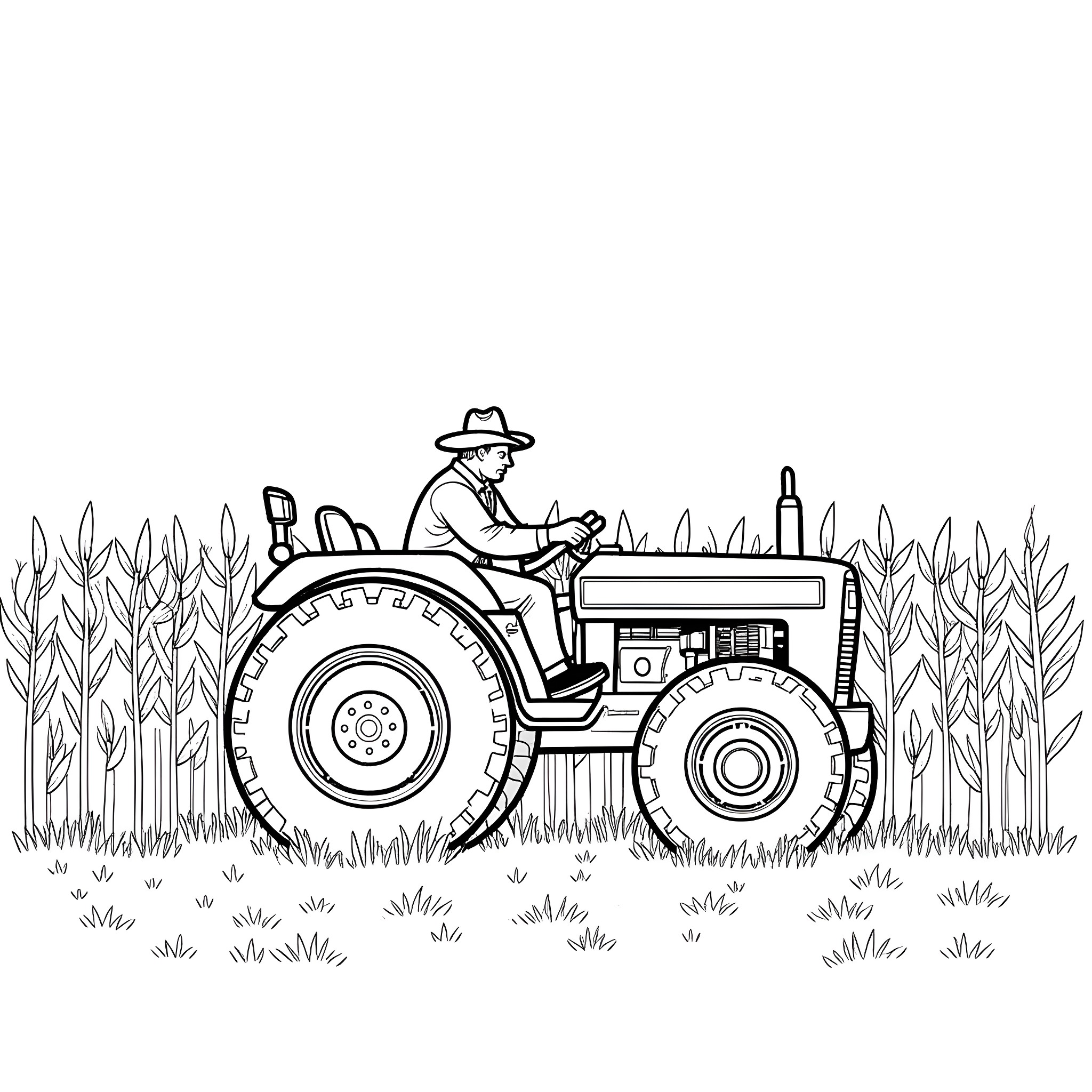 Cowboy riding a tractor through the countryside Coloring Page (free black-and-white line drawing printable PDF for all, from beginners to advanced learners, including children, teens, adults, and seniors)