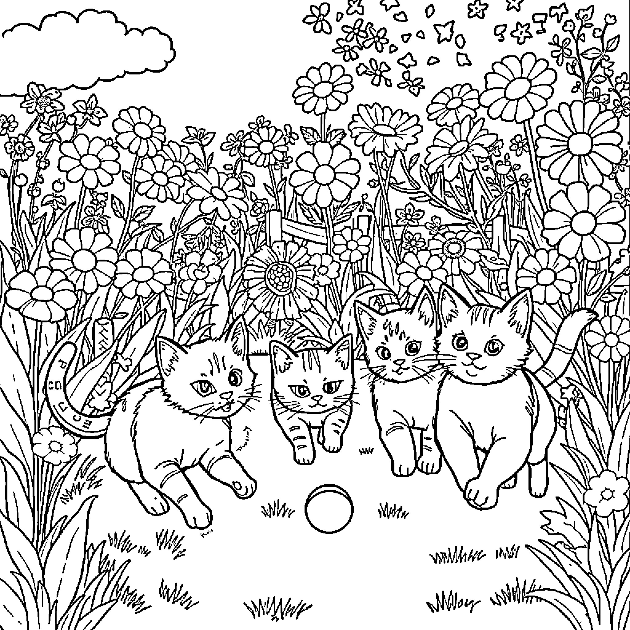Cat kittens explore floral garden Coloring Page (free black-and-white line drawing printable PDF for all, from beginners to advanced learners, including children, teens, adults, and seniors)