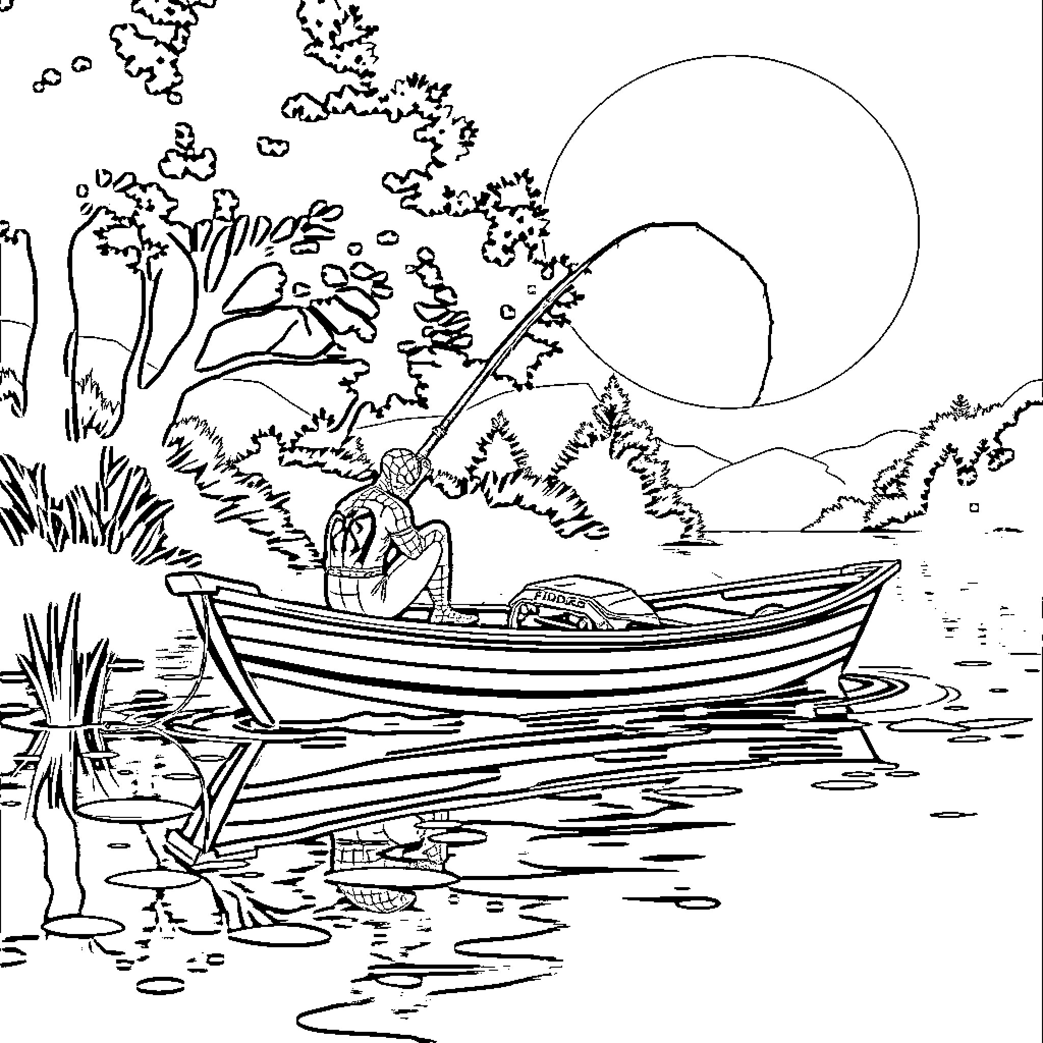 Spider-Man relaxing in a boat on a serene lake Coloring Page (free black-and-white line drawing printable PDF for all, from beginners to advanced learners, including children, teens, adults, and seniors)