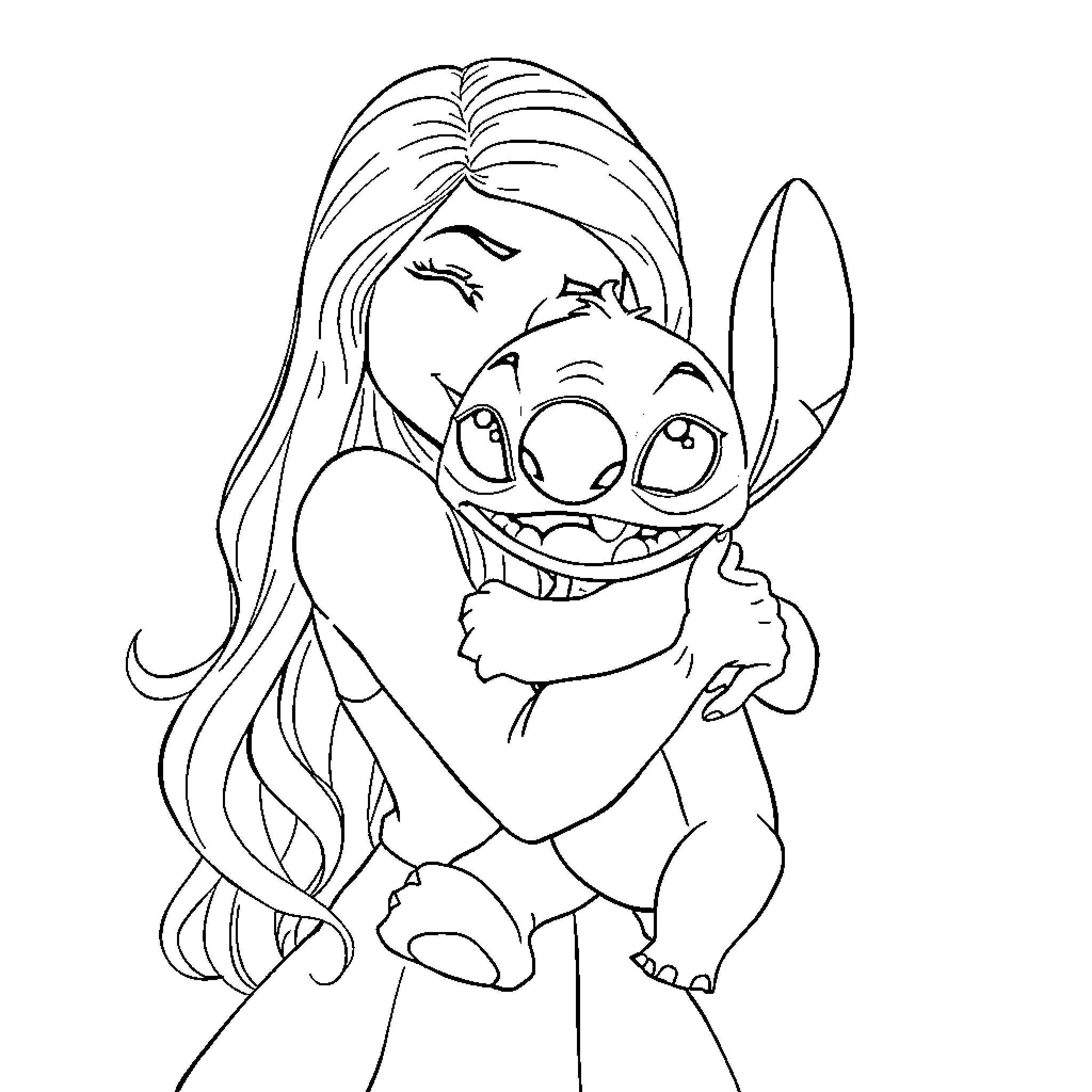 Rapunzel joyfully embracing Stitch in cartoon style Coloring Page (free black-and-white line drawing printable PDF for all, from beginners to advanced learners, including children, teens, adults, and seniors)