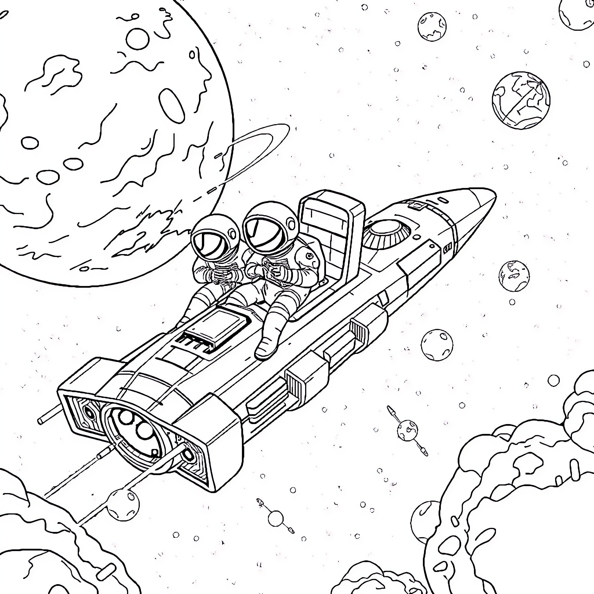 Star Trek Spacecraft in Outer Space Adventure Coloring Page (free black-and-white line drawing printable PDF for all, from beginners to advanced learners, including children, teens, adults, and seniors)