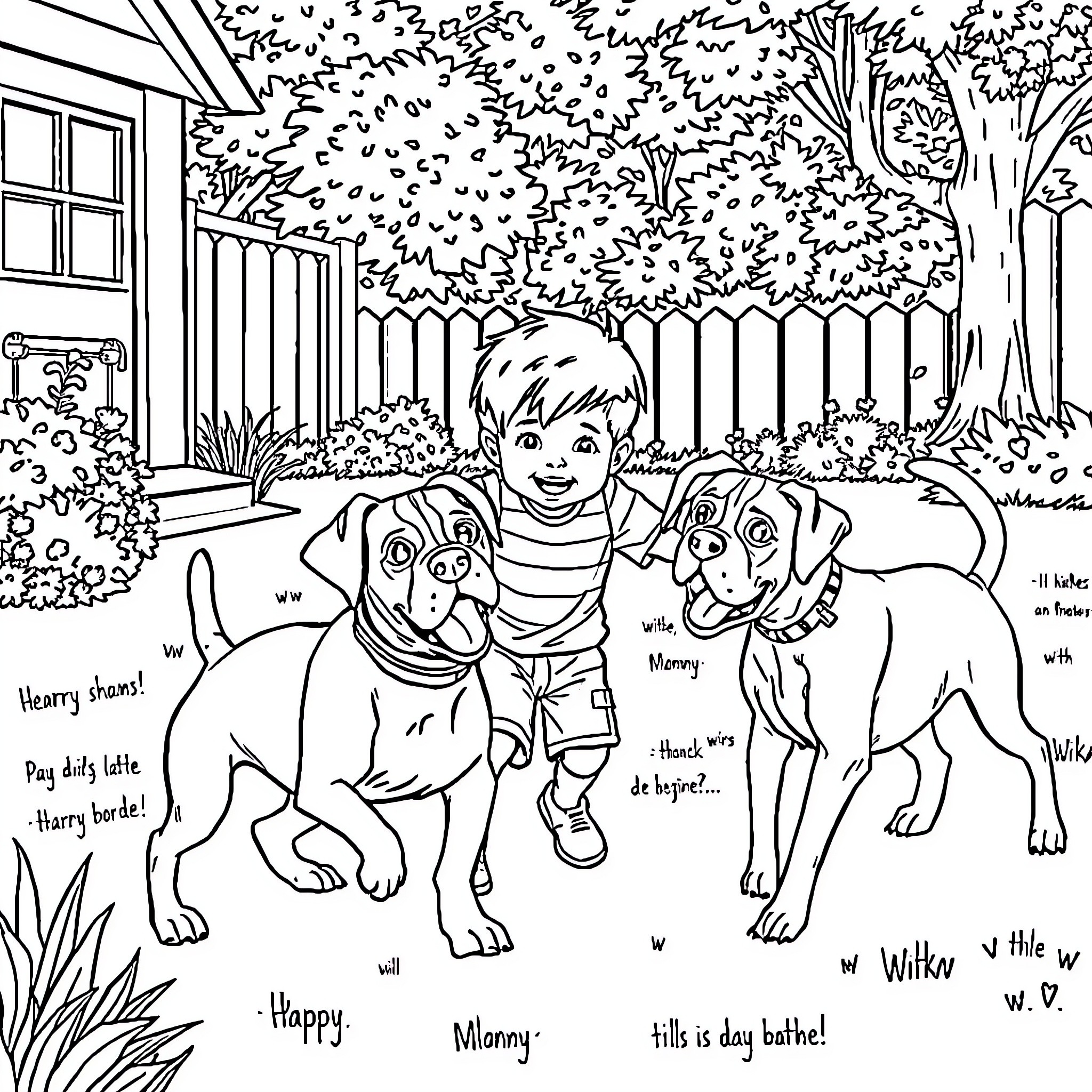 Boy and his Playful Dogs in the Backyard Coloring Page (free black-and-white line drawing printable PDF for all, from beginners to advanced learners, including children, teens, adults, and seniors)