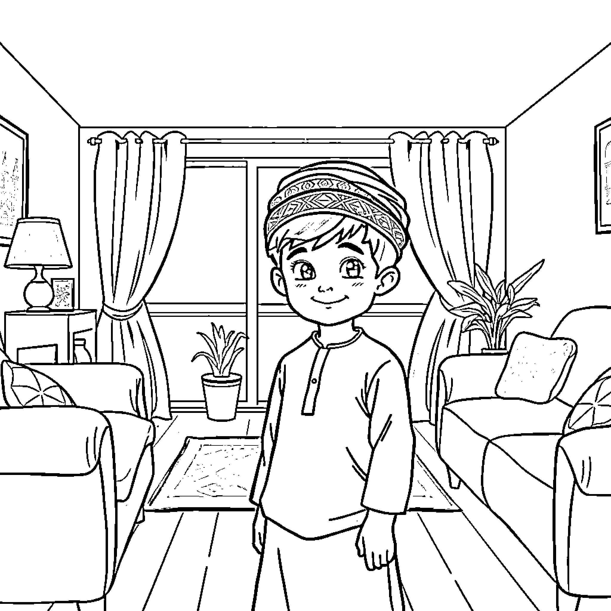 Boy enjoying indoor leisure activities Coloring Page (free black-and-white line drawing printable PDF for all, from beginners to advanced learners, including children, teens, adults, and seniors)