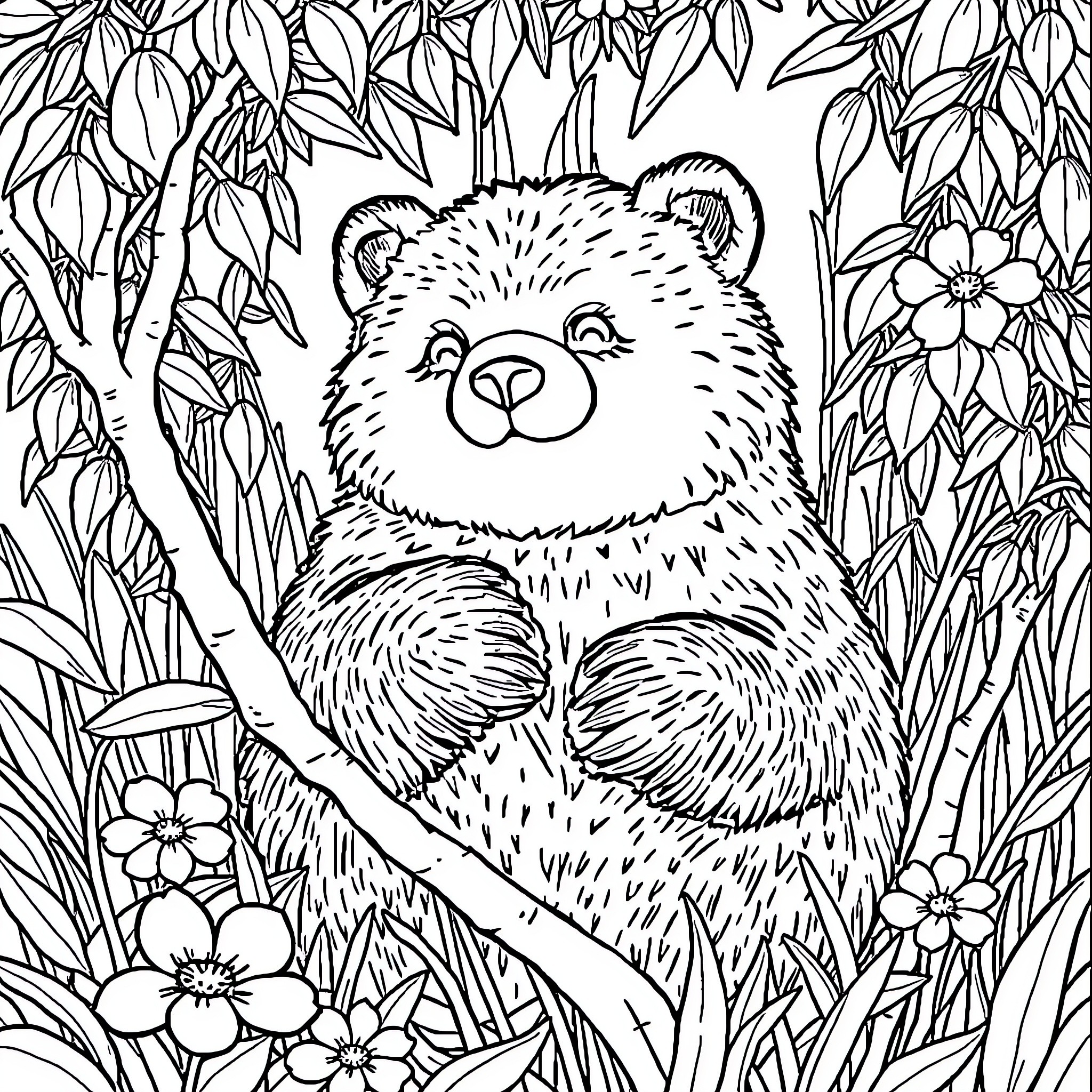 Bear in a Floral Garden Coloring Page (free black-and-white line drawing printable PDF for all, from beginners to advanced learners, including children, teens, adults, and seniors)