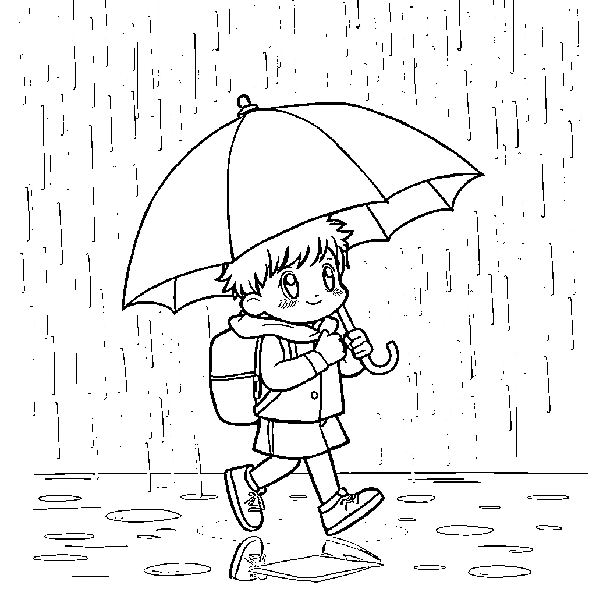 Labubu walking happily in the rain with umbrella Coloring Page (free black-and-white line drawing printable PDF for all, from beginners to advanced learners, including children, teens, adults, and seniors)