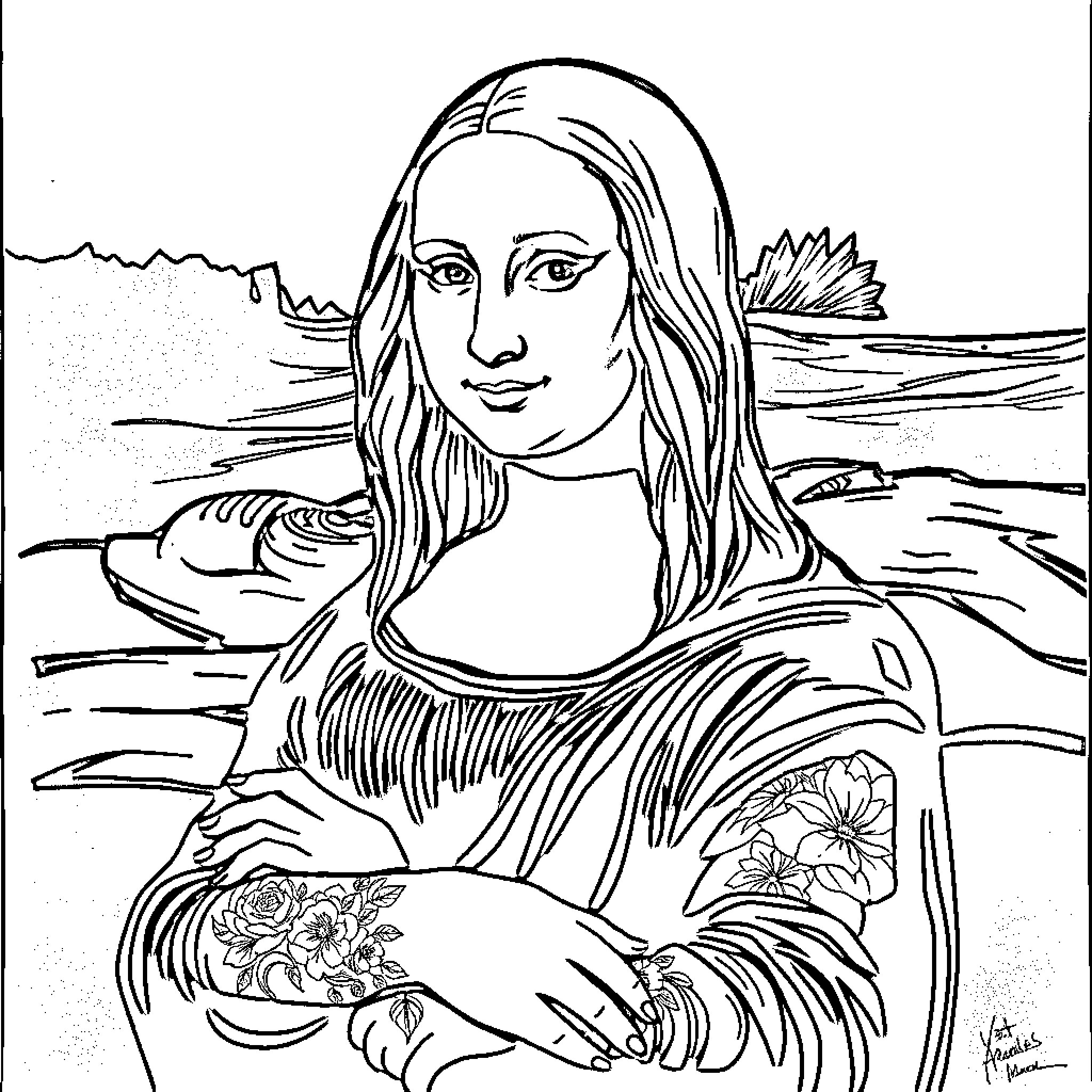 Mona Lisa with floral tattoos in a landscape Coloring Page (free black-and-white line drawing printable PDF for all, from beginners to advanced learners, including children, teens, adults, and seniors)
