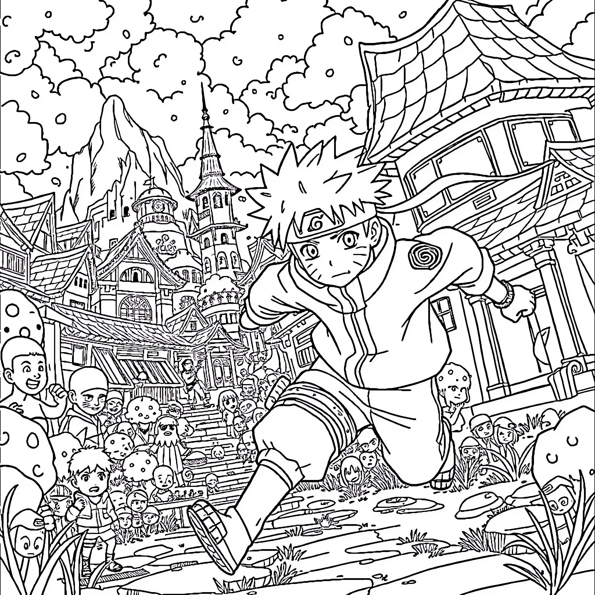 Naruto's Exciting Adventure in the Ninja Village Coloring Page (free black-and-white line drawing printable PDF for all, from beginners to advanced learners, including children, teens, adults, and seniors)