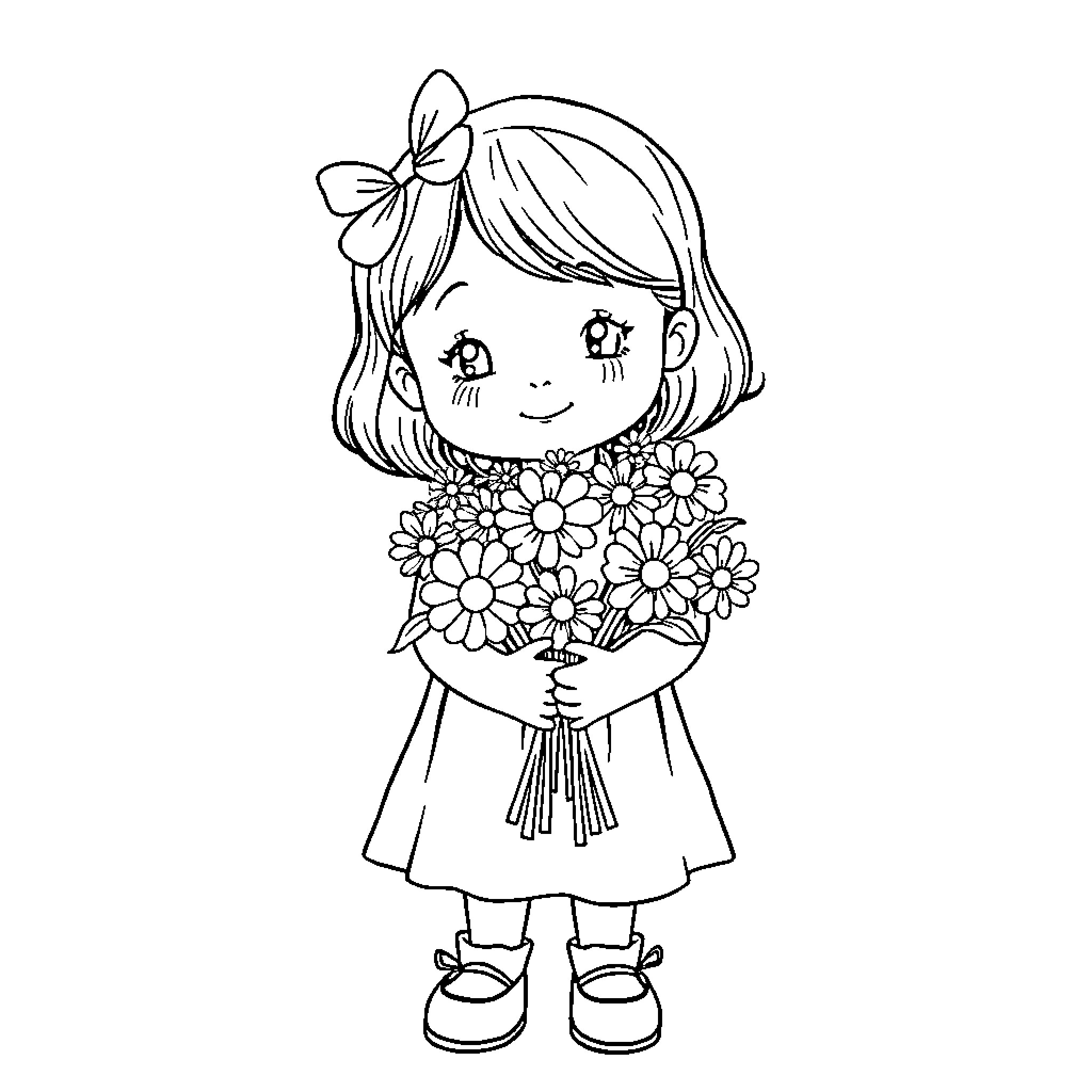 Girl holding a bouquet of flowers Coloring Page (free black-and-white line drawing printable PDF for all, from beginners to advanced learners, including children, teens, adults, and seniors)