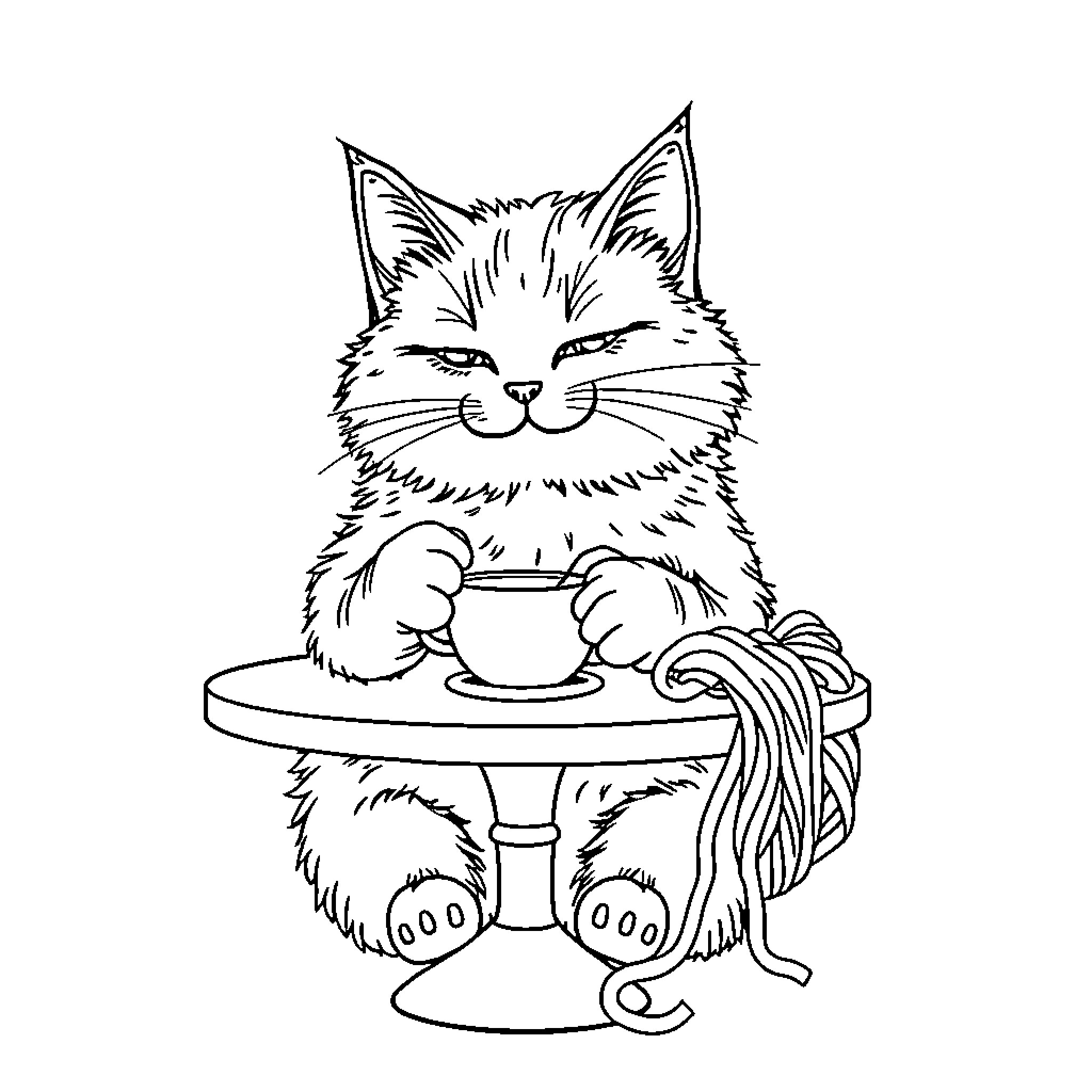 Cat enjoying a warm drink on a cozy table Coloring Page (free black-and-white line drawing printable PDF for all, from beginners to advanced learners, including children, teens, adults, and seniors)