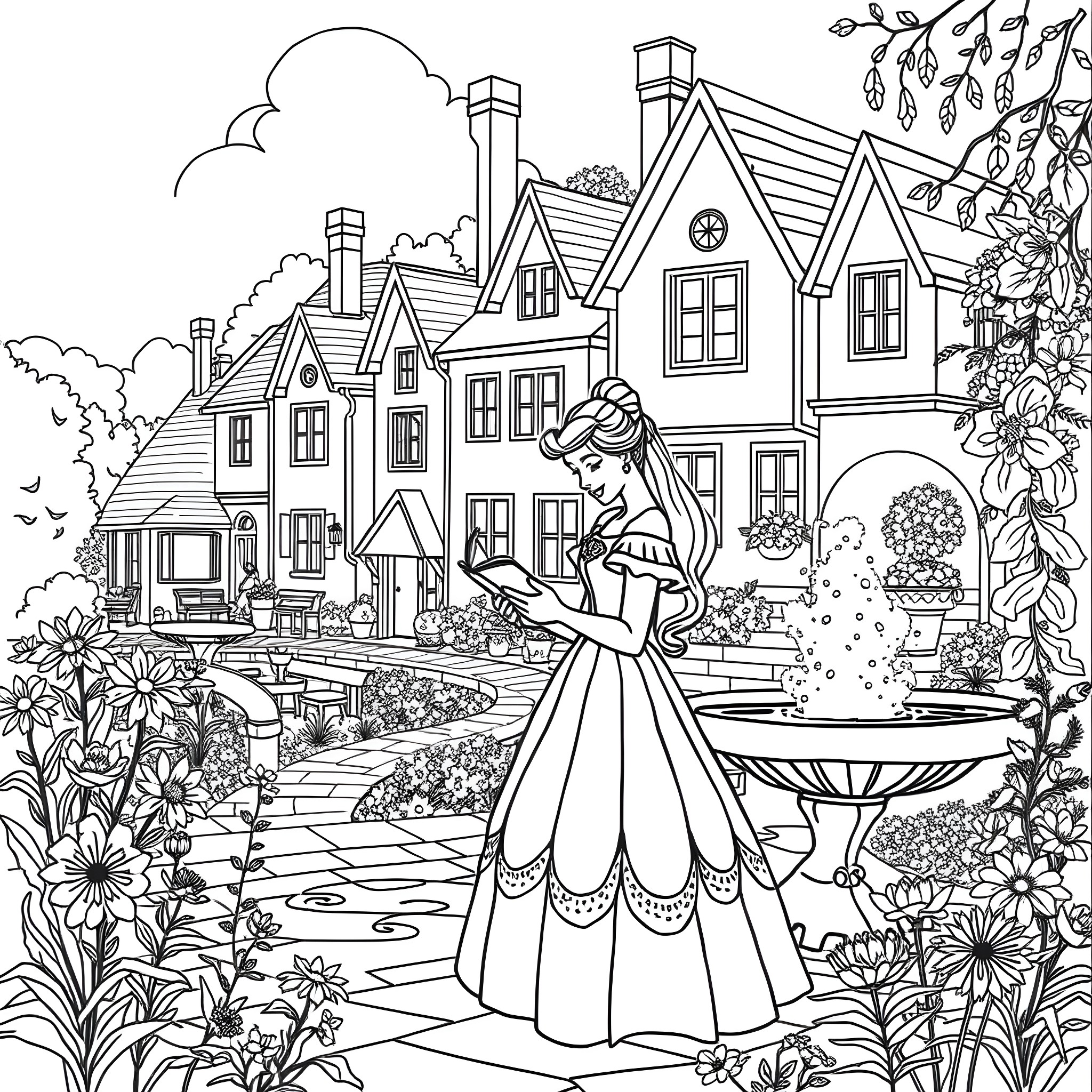 Belle's Whimsical Stroll through the Enchanted Village Coloring Page (free black-and-white line drawing printable PDF for all, from beginners to advanced learners, including children, teens, adults, and seniors)