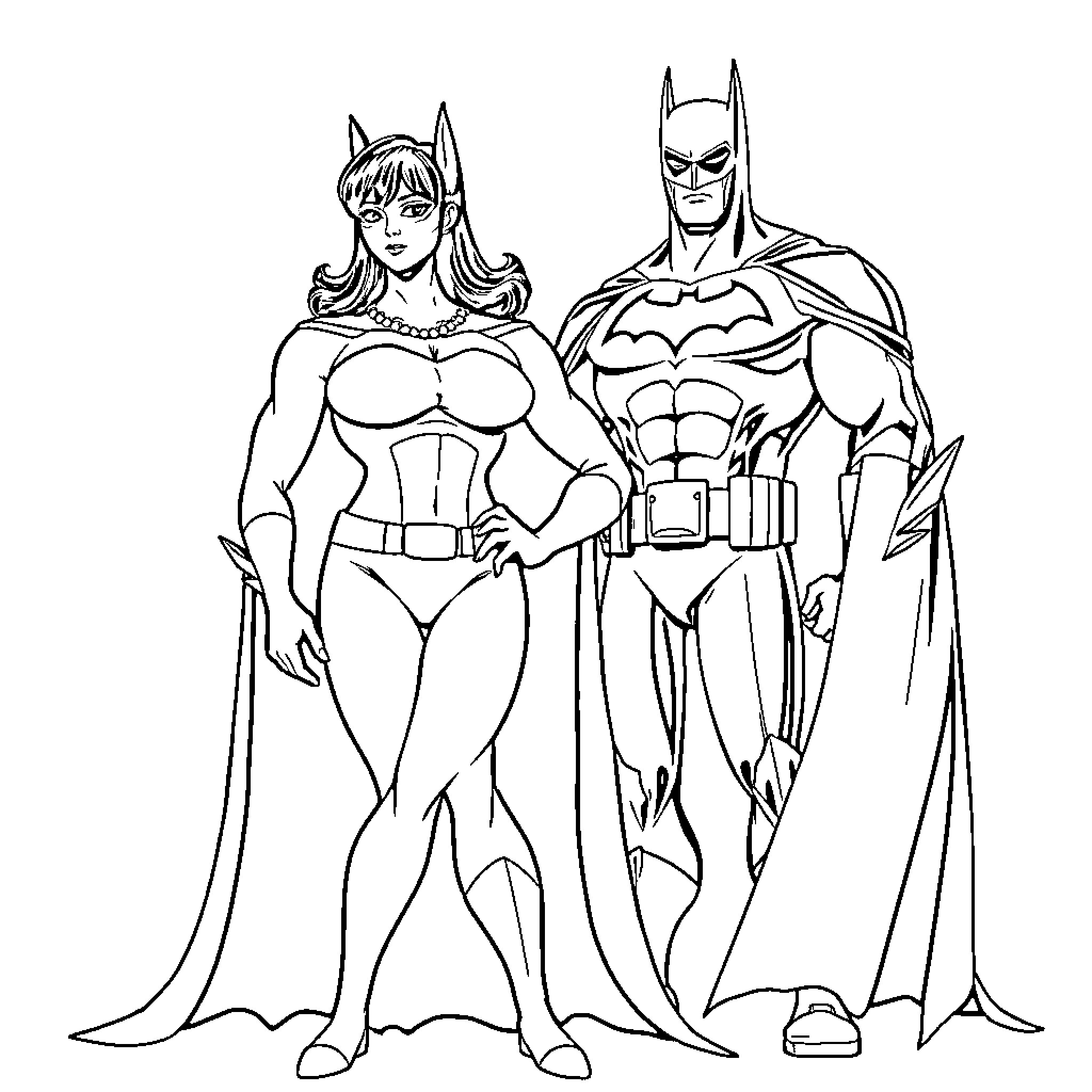 Cardi B and Batman in superhero costumes Coloring Page (free black-and-white line drawing printable PDF for all, from beginners to advanced learners, including children, teens, adults, and seniors)
