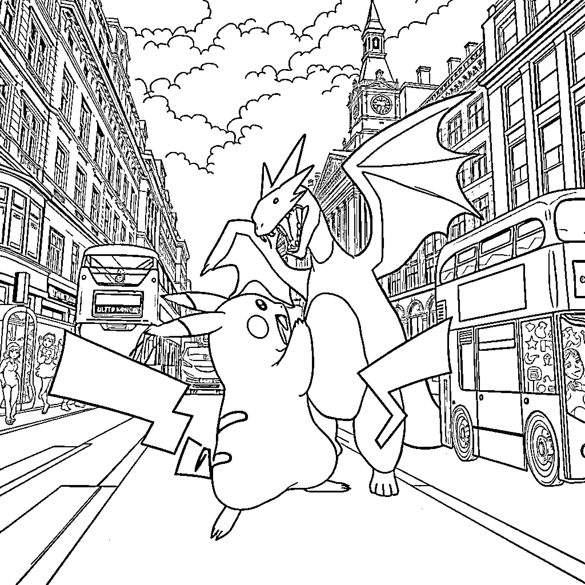 Pikachu exploring the bustling city with Charizard Coloring Page (free black-and-white line drawing printable PDF for all, from beginners to advanced learners, including children, teens, adults, and seniors)