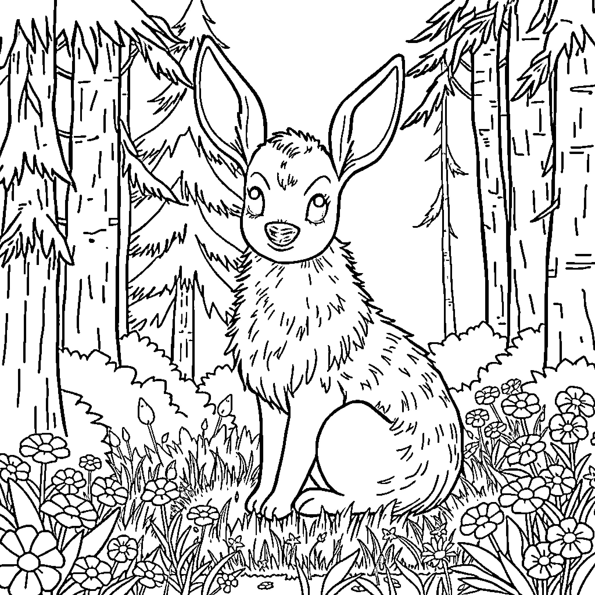 Eevee exploring the enchanting forest Coloring Page (free black-and-white line drawing printable PDF for all, from beginners to advanced learners, including children, teens, adults, and seniors)