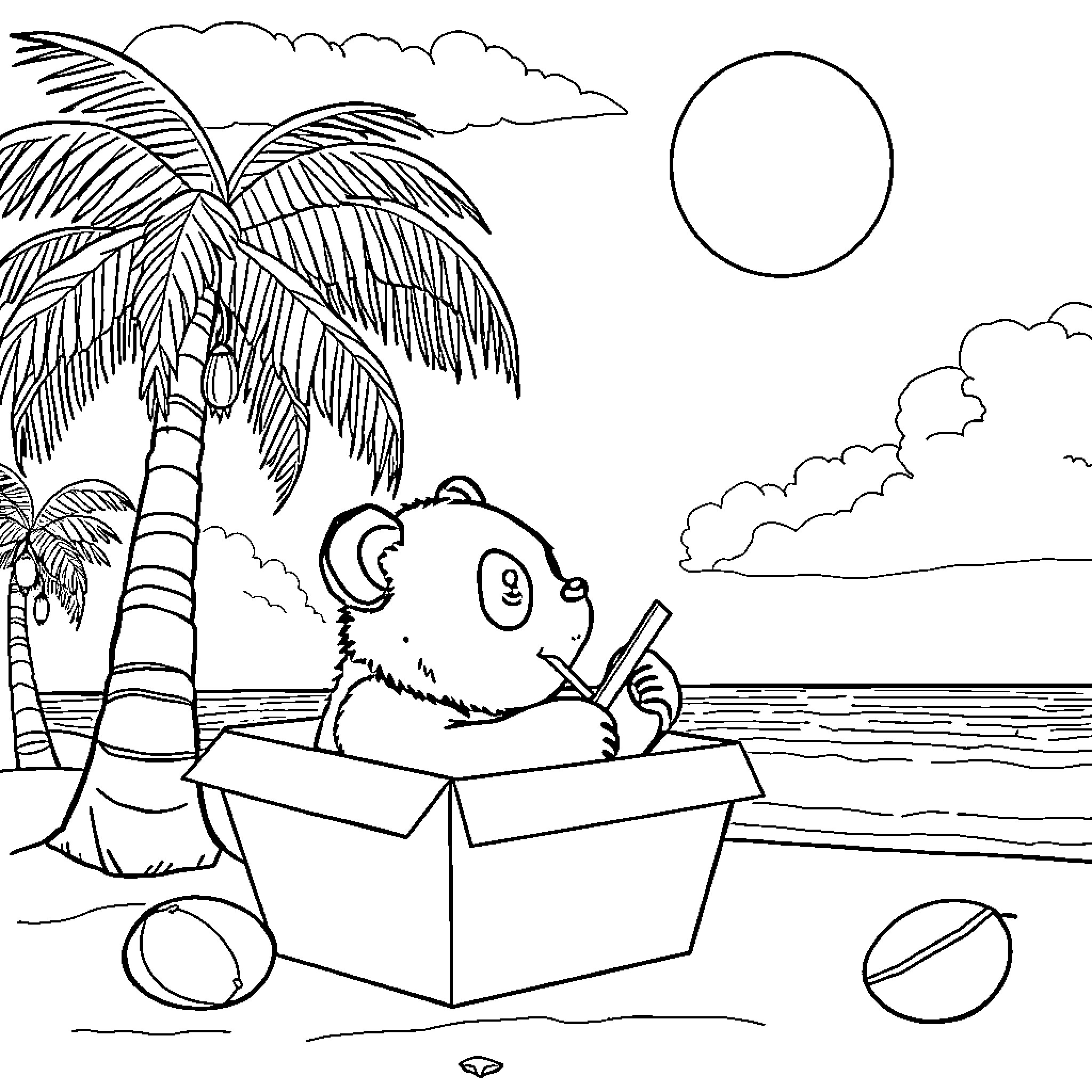 Panda playing happily in a tropical beach scene Coloring Page (free black-and-white line drawing printable PDF for all, from beginners to advanced learners, including children, teens, adults, and seniors)