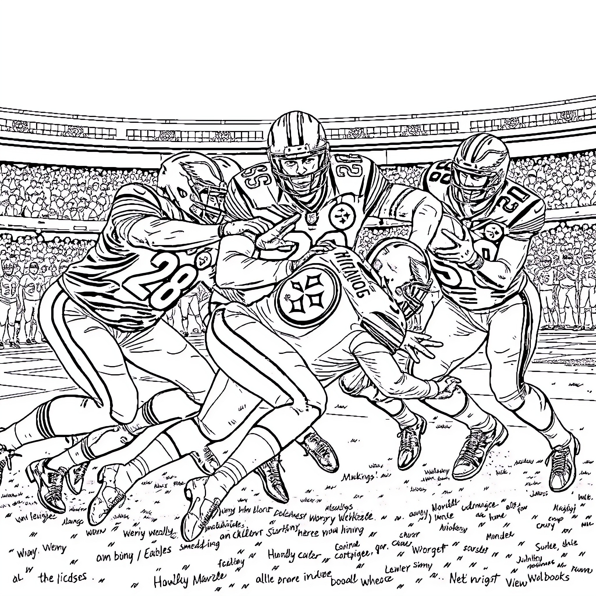 Steelers players in intense football action on the field Coloring Page (free black-and-white line drawing printable PDF for all, from beginners to advanced learners, including children, teens, adults, and seniors)