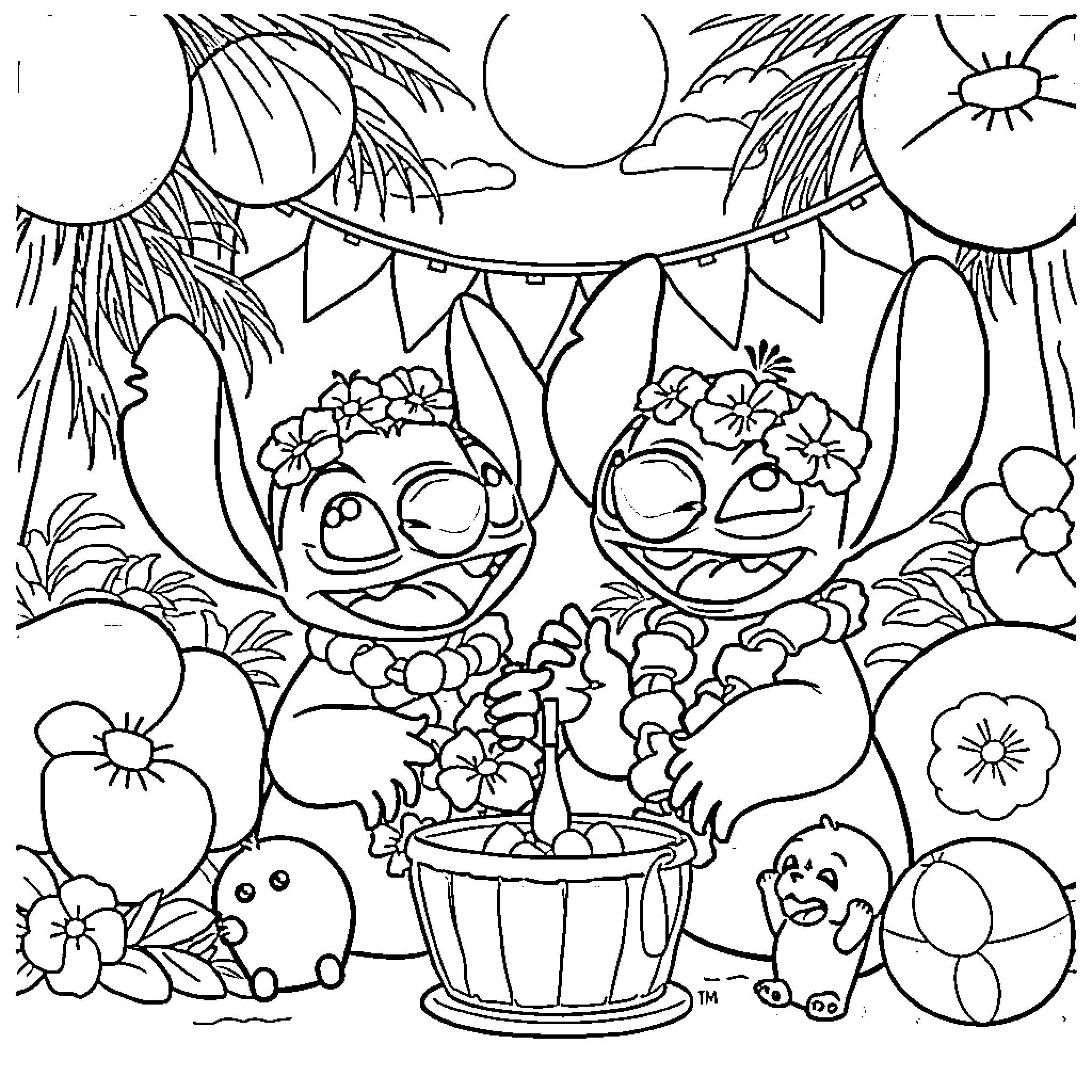 Lilo and Friends Celebrate Tropical Party Coloring Page (free black-and-white line drawing printable PDF for all, from beginners to advanced learners, including children, teens, adults, and seniors)