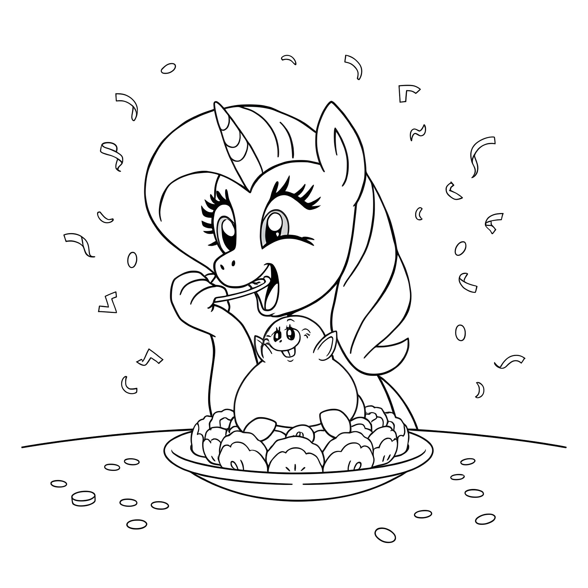 Pinkie Pie enjoying a tasty treat Coloring Page (free black-and-white line drawing printable PDF for all, from beginners to advanced learners, including children, teens, adults, and seniors)