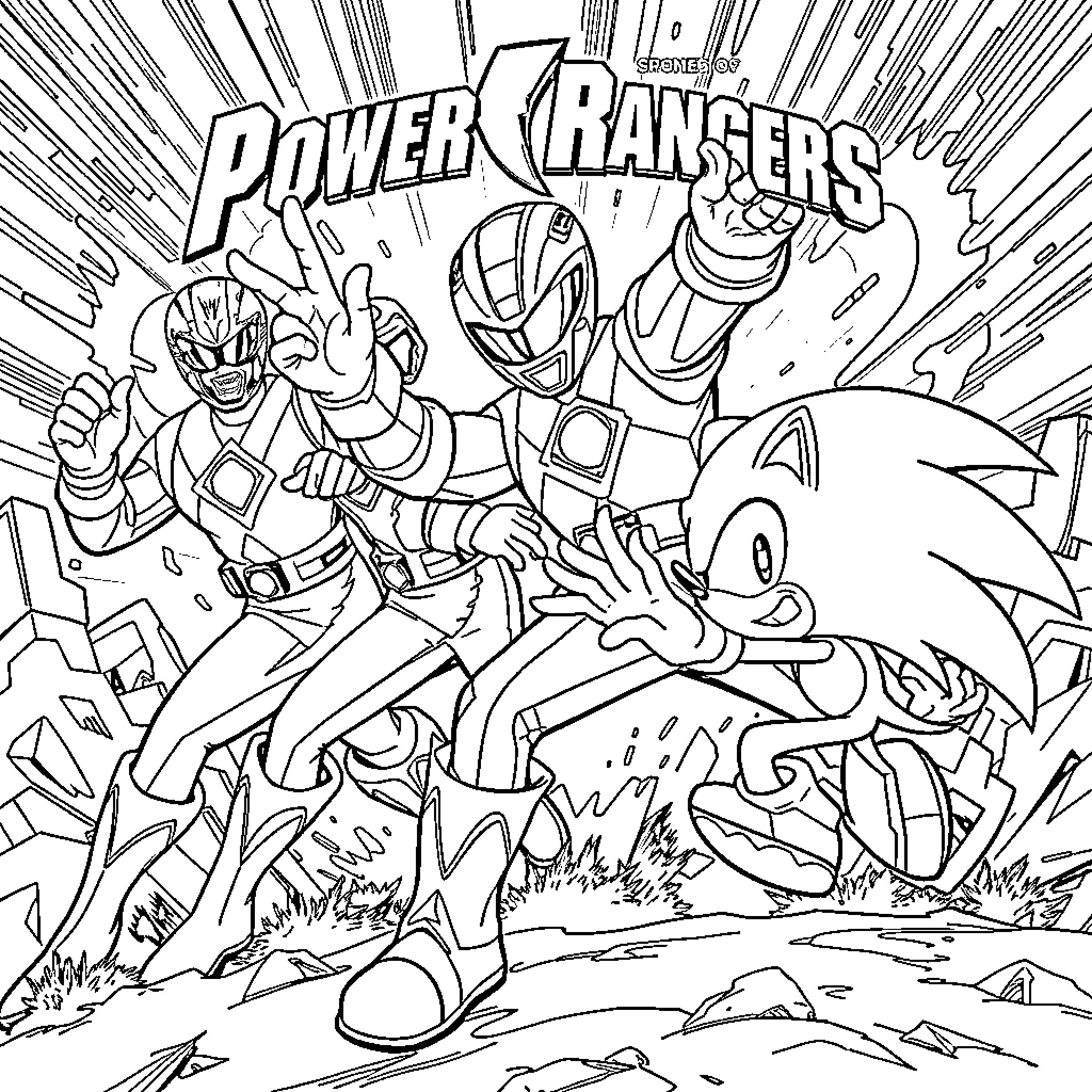 Power Rangers in Action: Heroic Poses and Explosions Coloring Page (free black-and-white line drawing printable PDF for all, from beginners to advanced learners, including children, teens, adults, and seniors)
